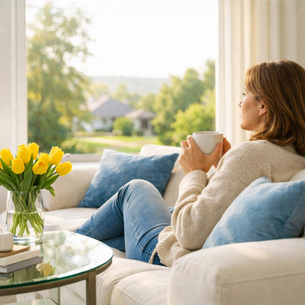 A relaxed homeowner enjoying a spotless Franklin living room after a stress-free residential cleaning service.