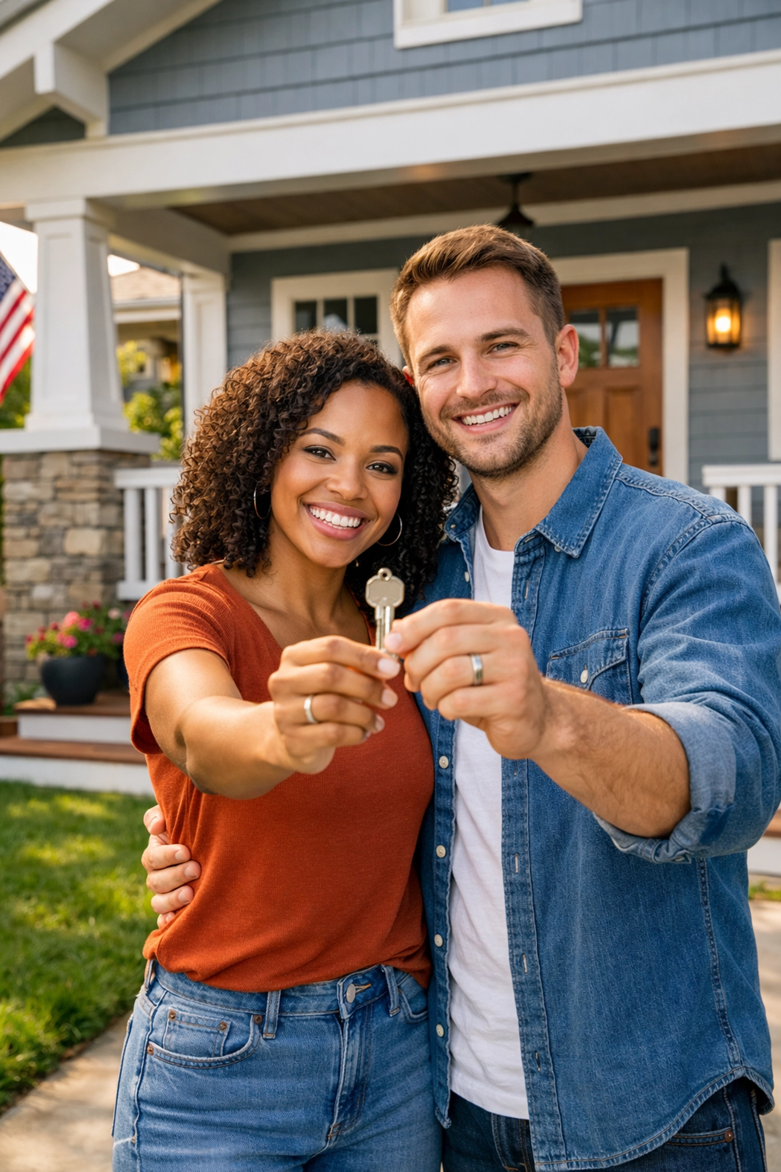 Happy tenants with a house key on a Nashville craftsman porch representing thorough tenant screening.