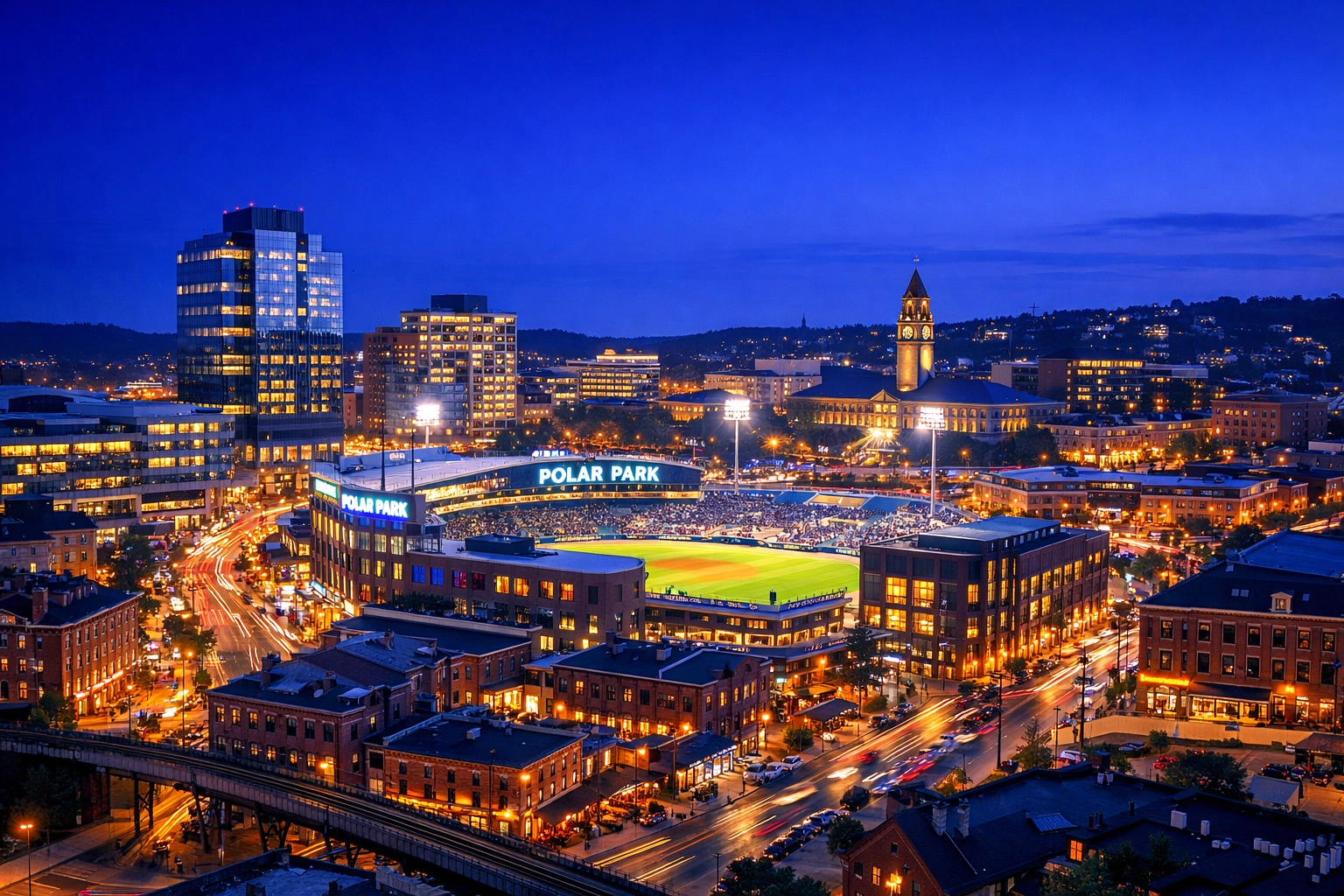 Worcester skyline view of the Canal District near Polar Park where professional office cleaning Worcester is required.