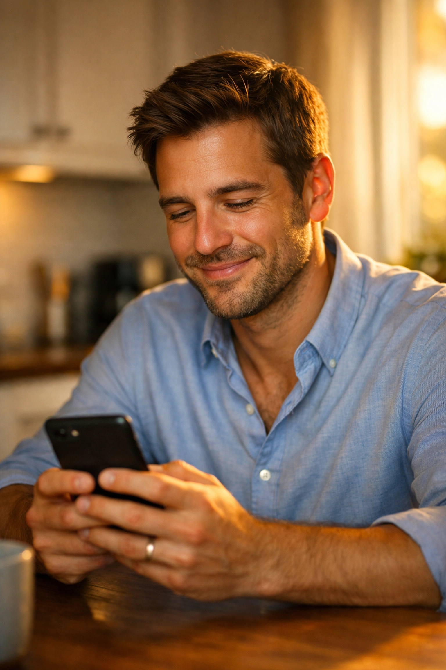 Homme soulagé consultant son téléphone pour un crédit rapide en ligne malgré un mauvais crédit.