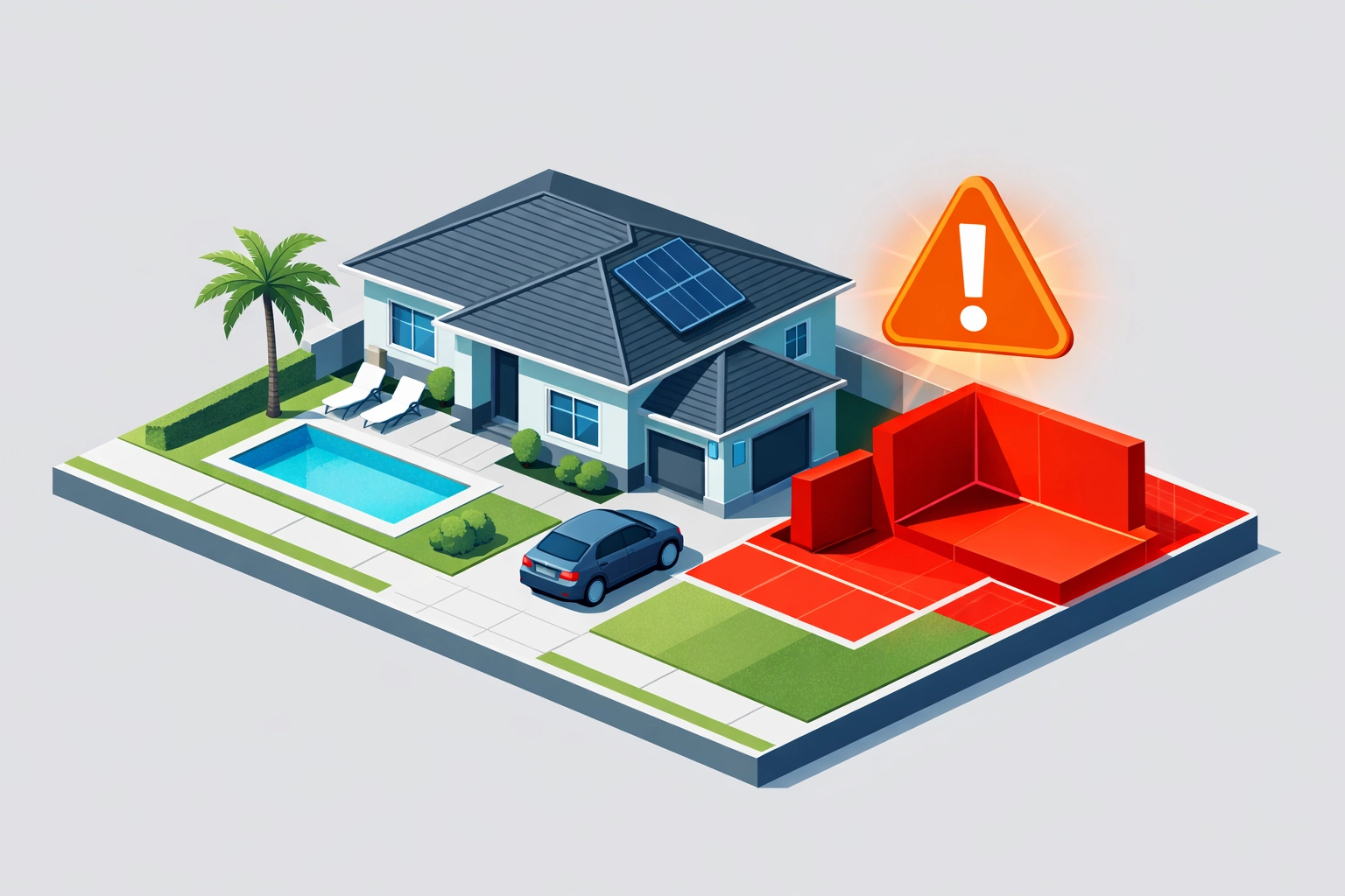 Isometric Florida home highlighting a red tagged building and unsafe structure notice to identify property violations.