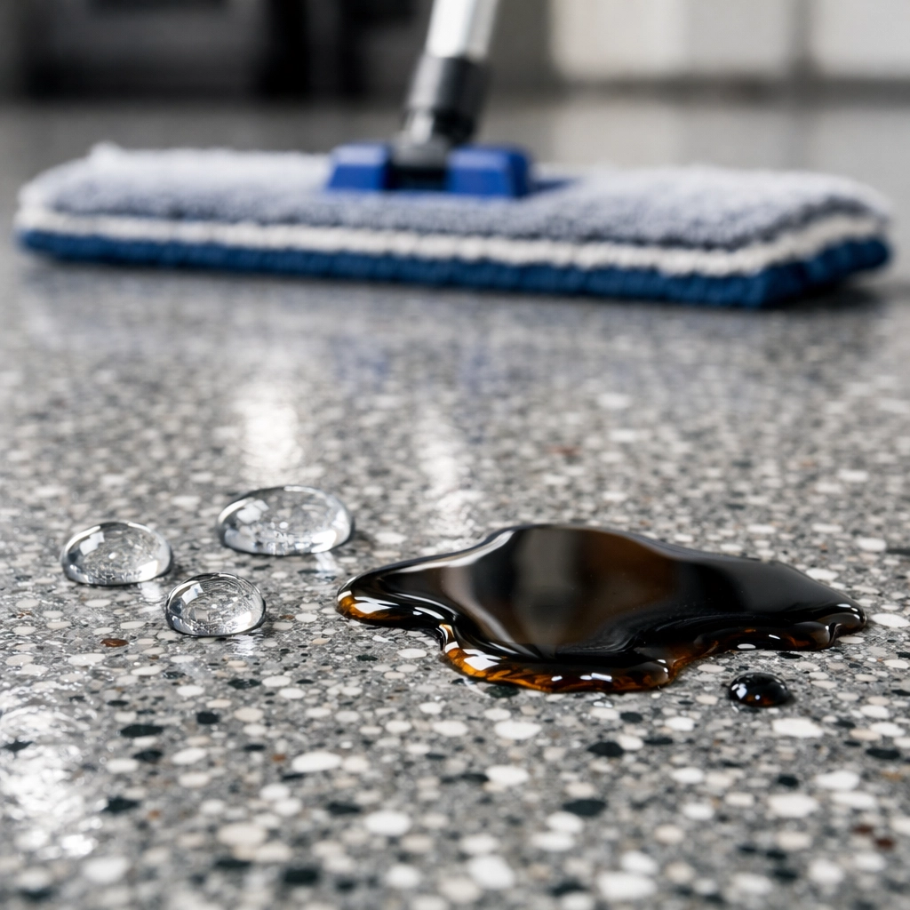 Close-up of a moisture-resistant polyaspartic floor where oil and water bead up for easy cleaning.