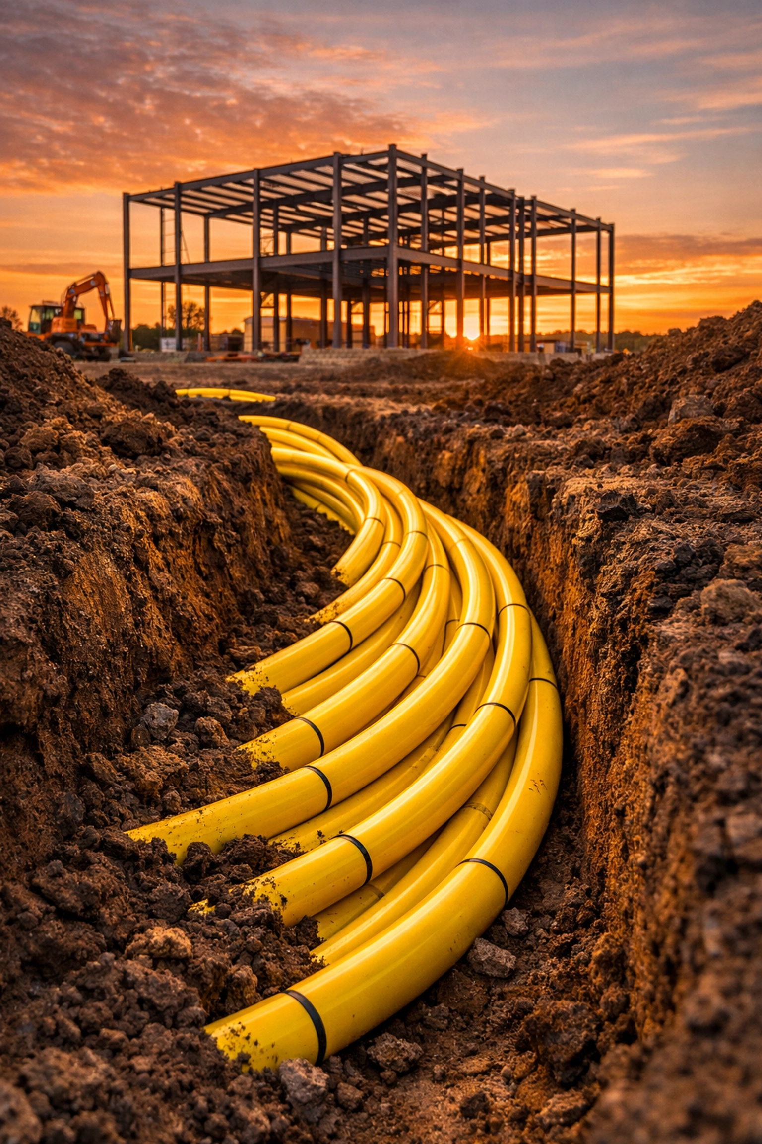 Yellow polyethylene pipes being laid for an underground commercial gas line installation.