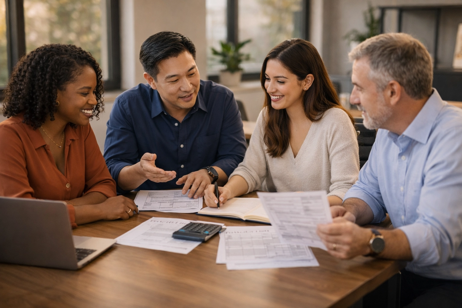 Diverse small business team discussing payroll and tax filing options in modern office