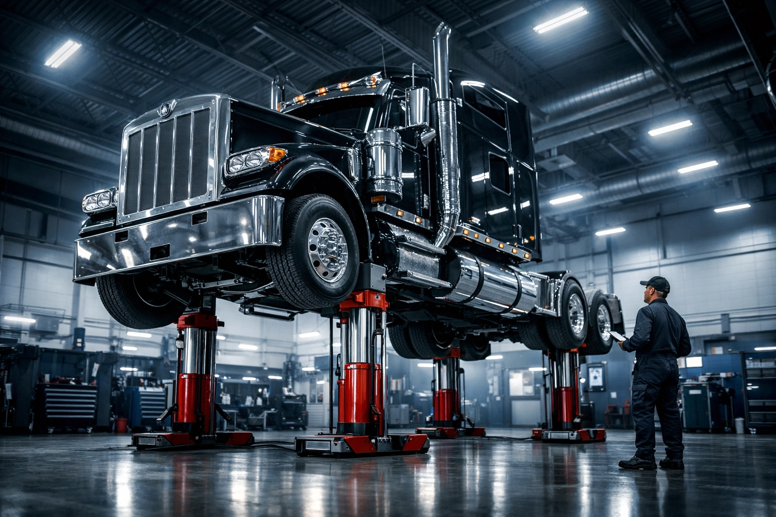 Semi-truck on heavy-duty lifts in a modern repair bay, showing how equipment financing helps scale trucking services.