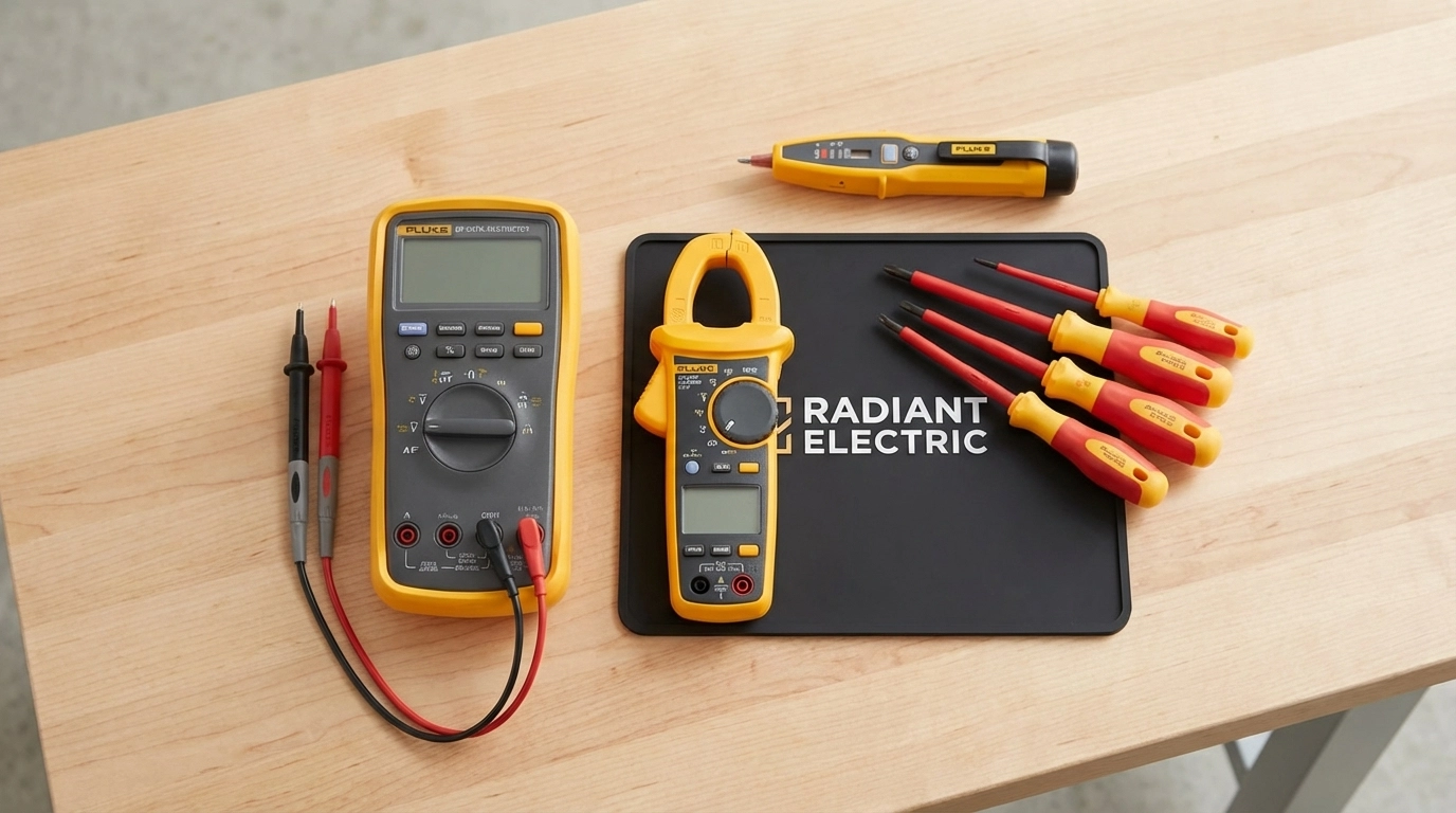 Diagnostic electrician tools on workbench, highlighting emergency electrical repairs and preparedness for Georgia winter outages.