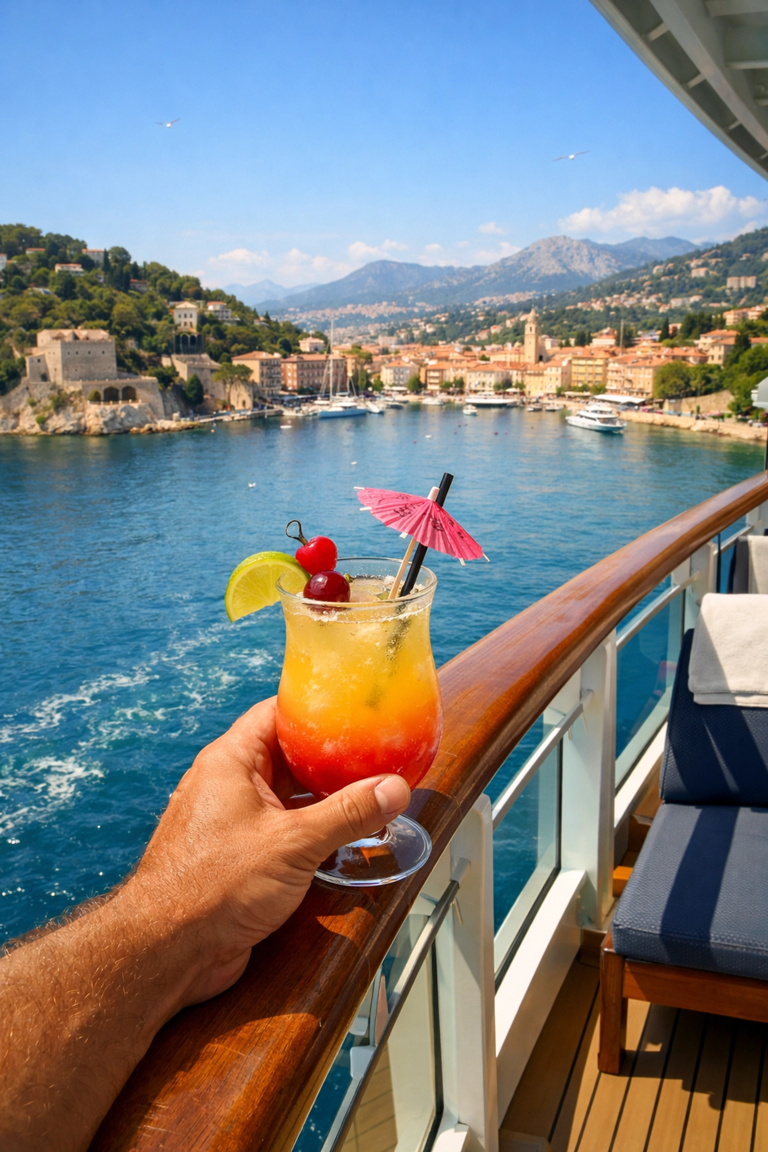 A passenger enjoying a cocktail from a luxury suite balcony on a stress-free birthday cruise.