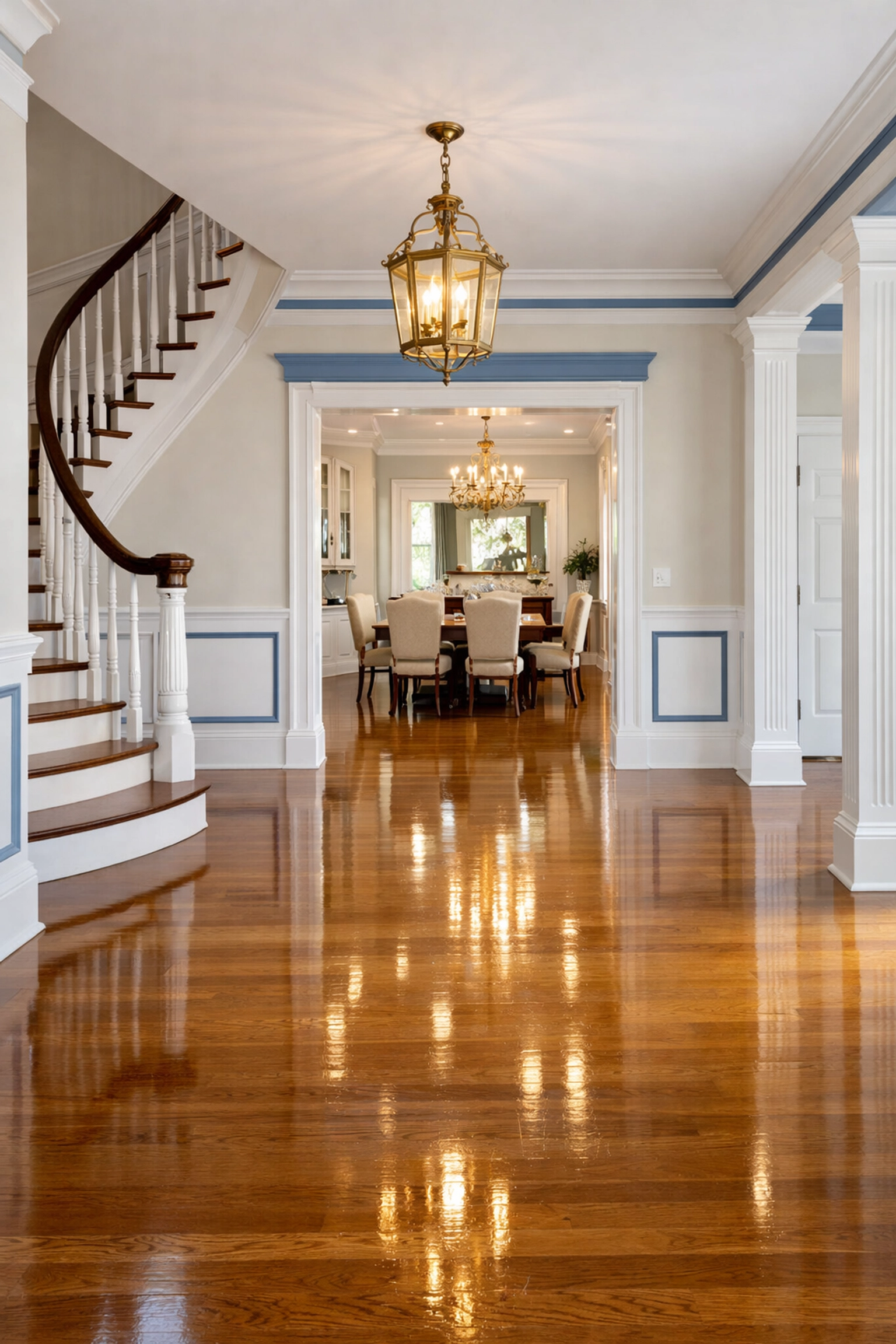 Gleaming waxed floors in a luxury foyer prepared by professional House Cleaning Ashburnham MA experts.
