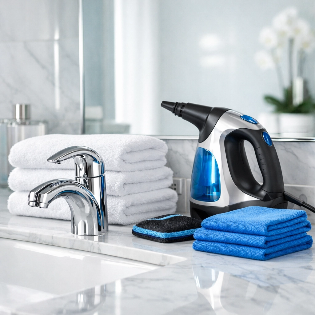 A sparkling clean luxury bathroom vanity cleaned with eco-friendly tools and microfiber cloths.