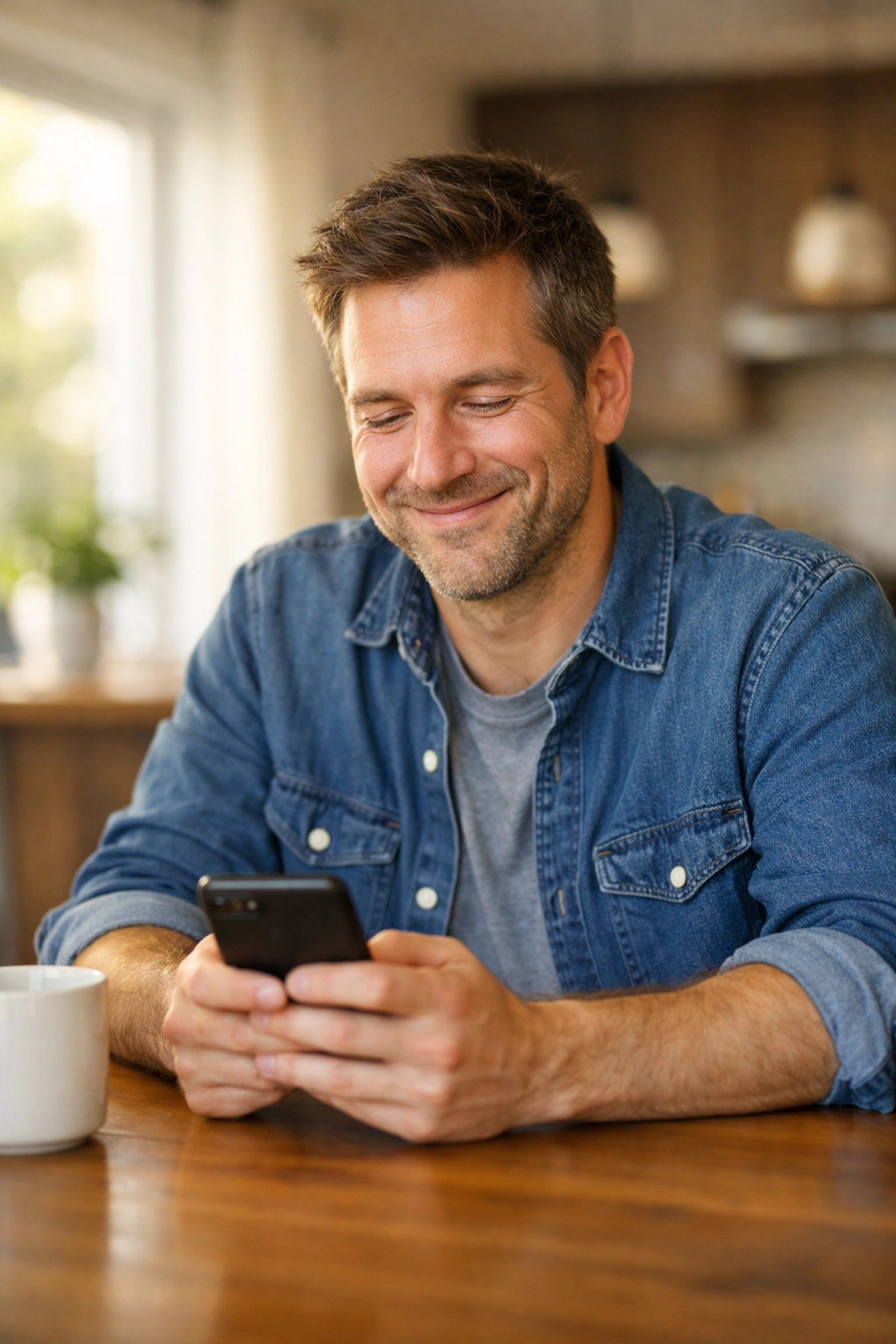 A relieved man in a sun-drenched home using his phone for a bad credit loan canada.