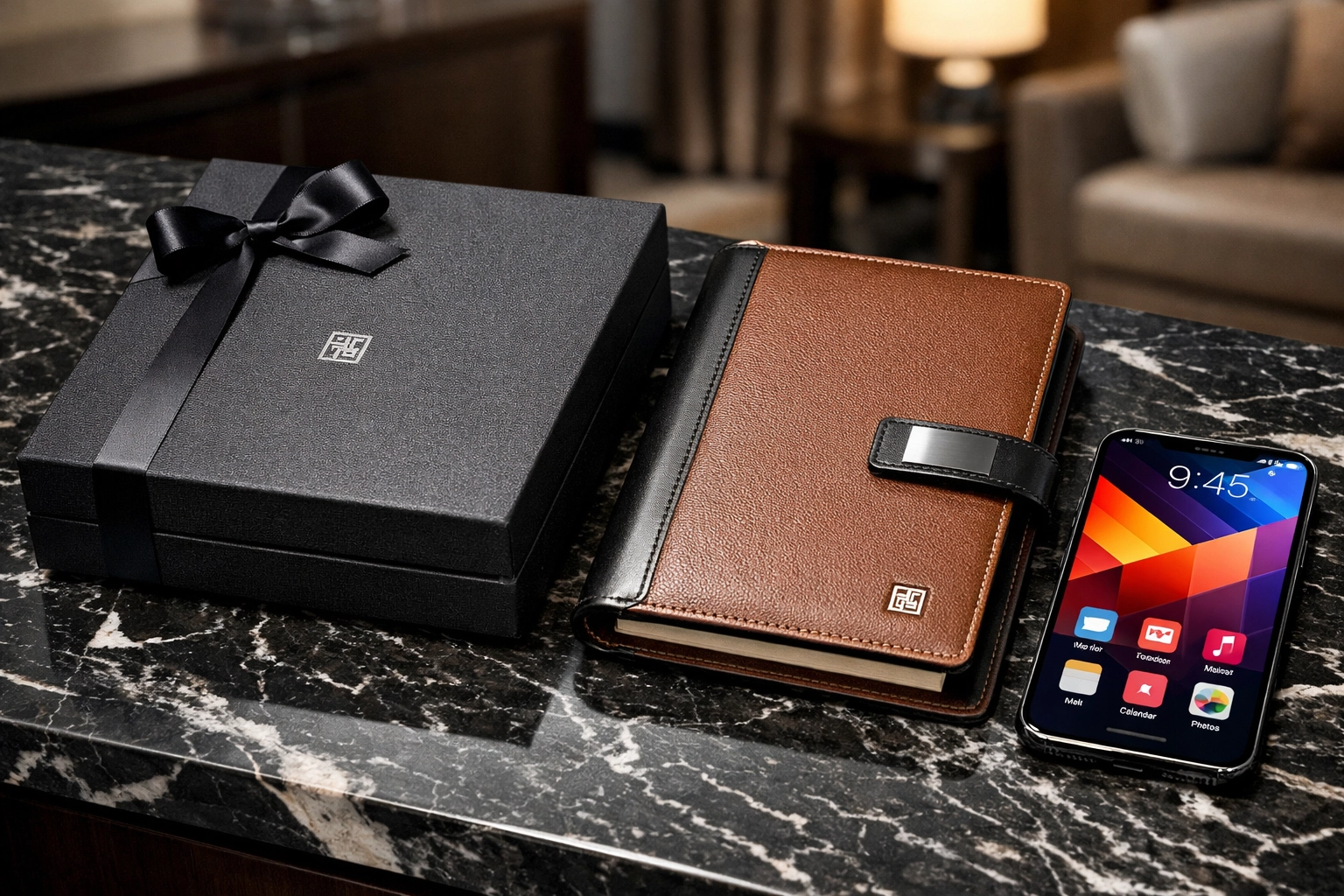 Premium corporate gifts and a digital interface showcasing the bridge between physical and digital marketing.