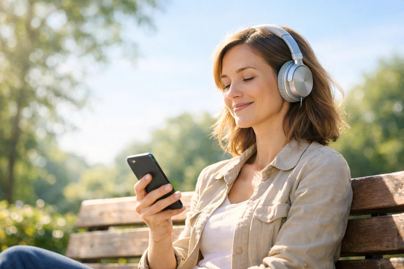 Woman listening to a digital Bible study podcast outdoors. Boundless Online Church.