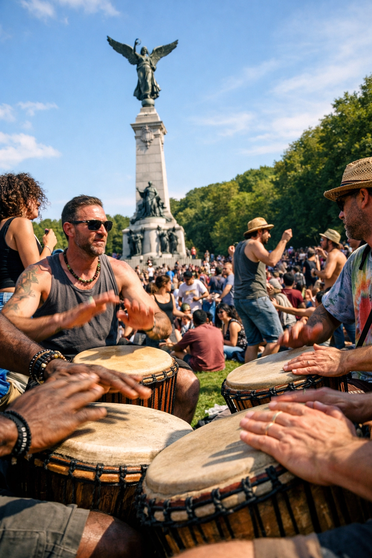 Musicians and crowds gathering for the iconic Sunday Tam-Tams at Montreal’s Mount Royal Park.