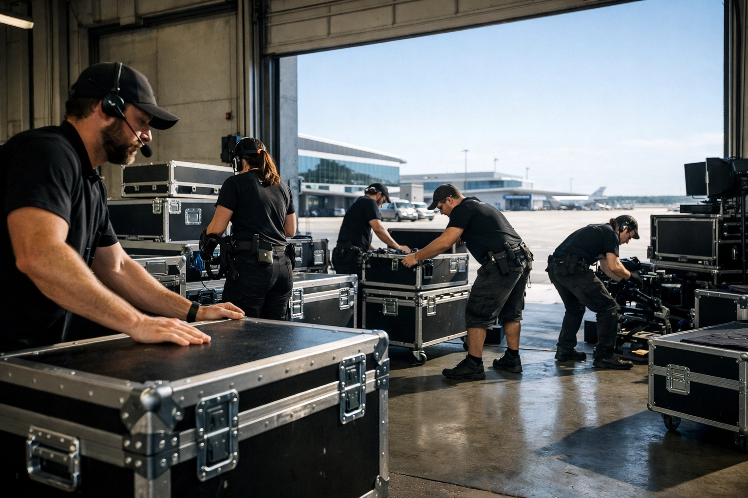 Production crew managing global event logistics and audio-visual equipment at a shipping hub.