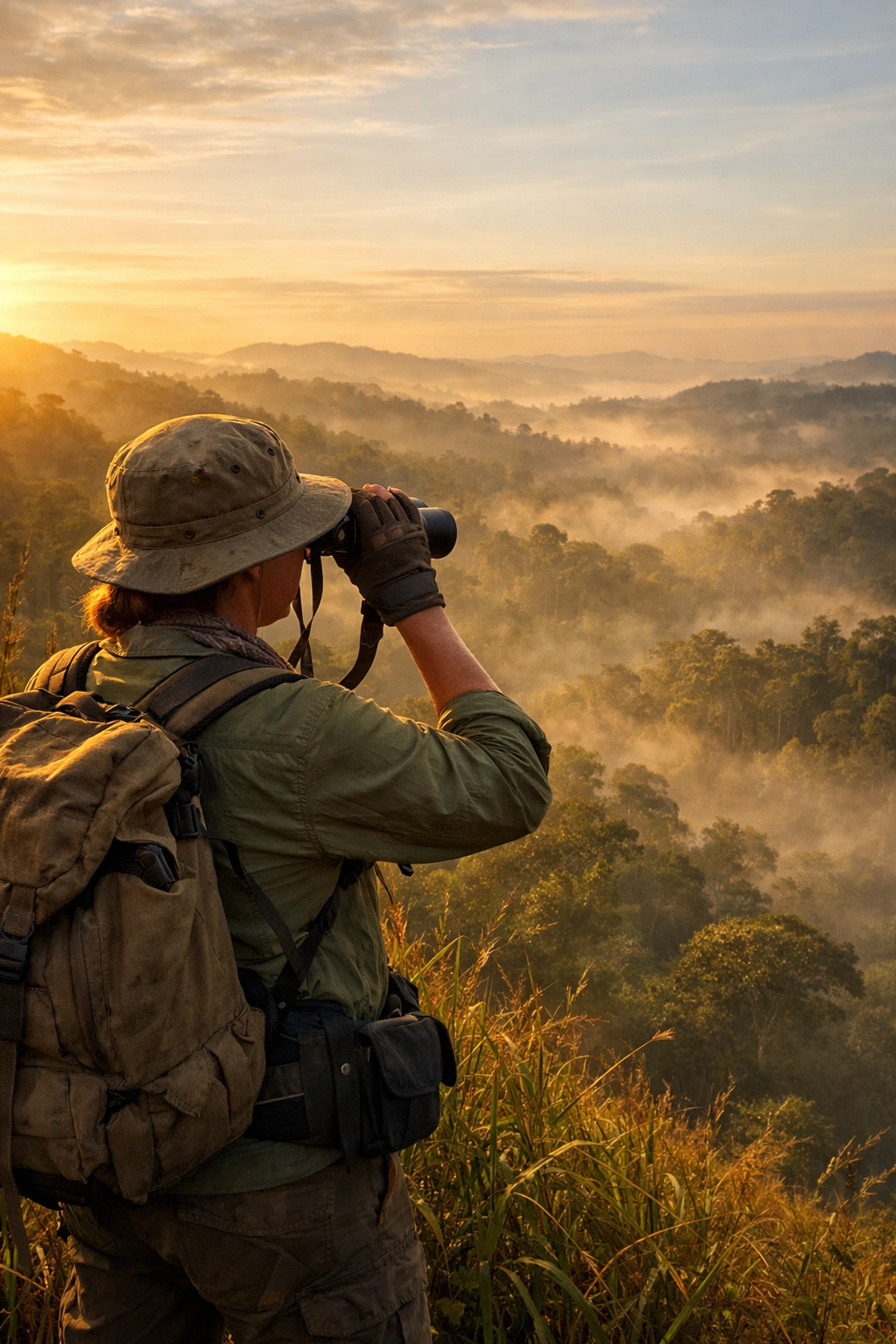 Wildlife researcher surveying rainforest habitat for conservation protection efforts