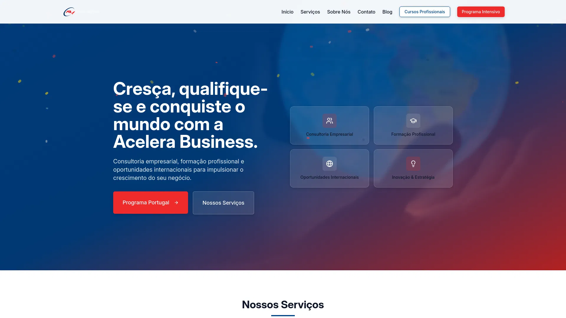 Print do site da Acelera Business com destaque para formação profissional