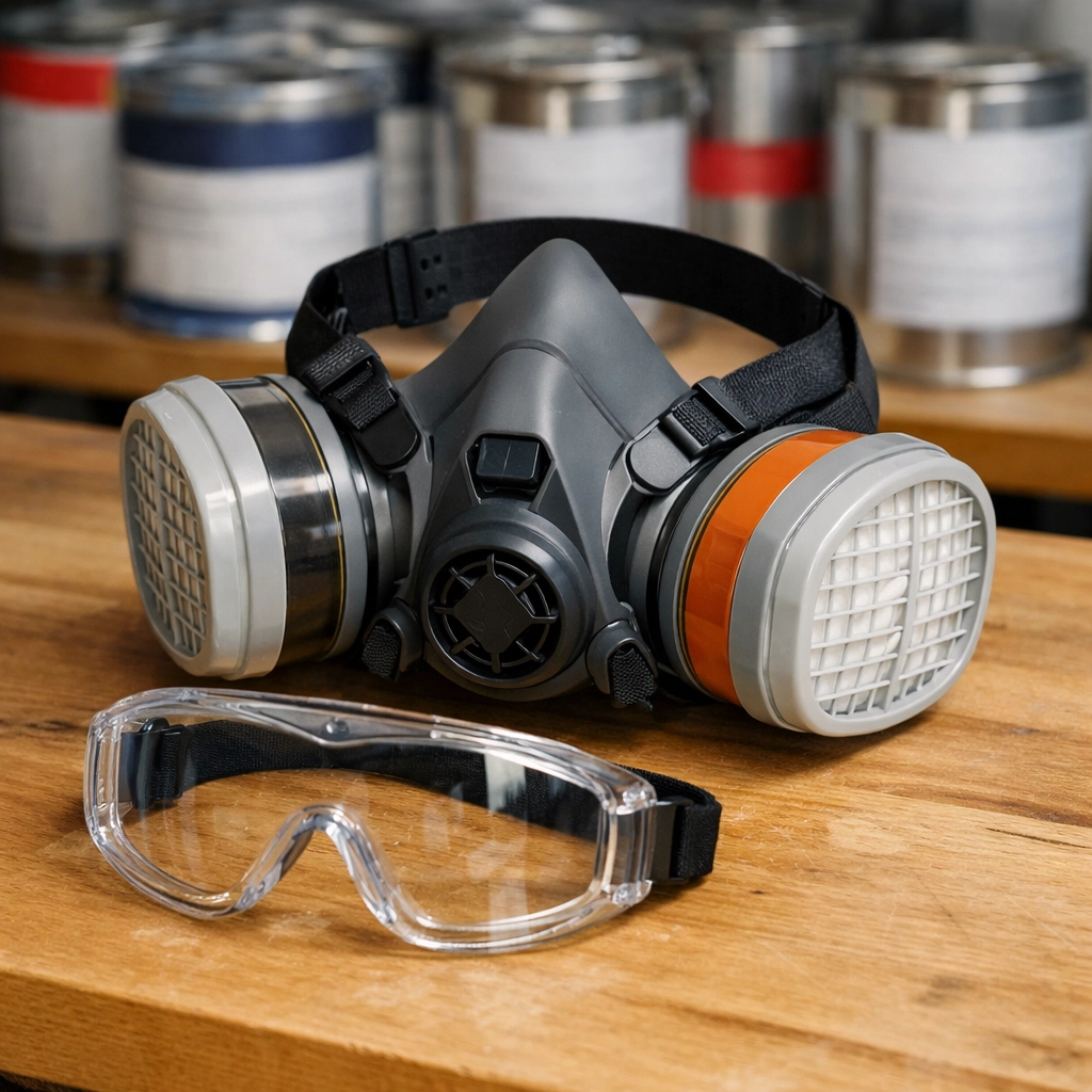 Professional respirator mask and safety goggles for painting contractor respiratory protection.