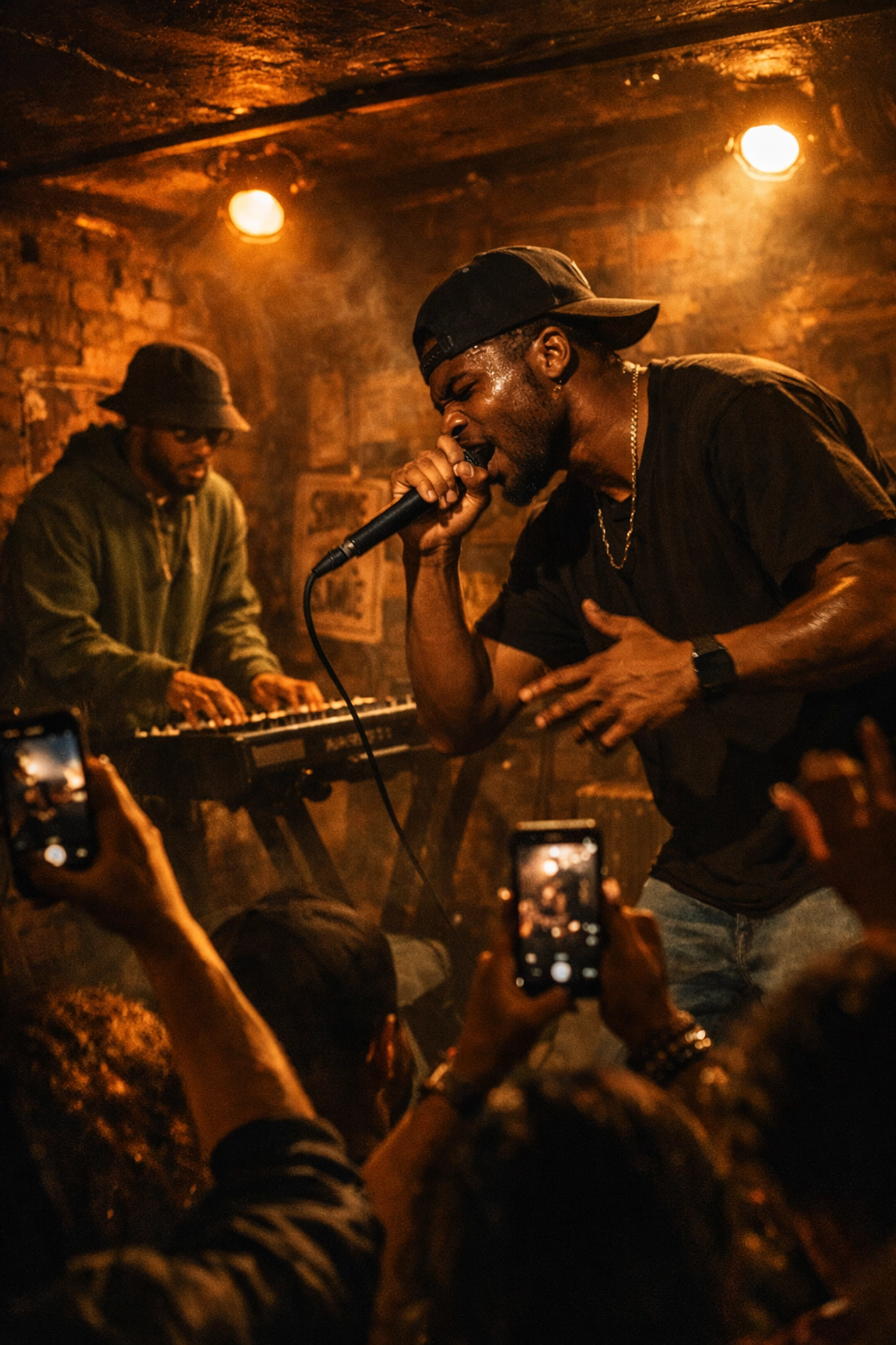 Underground Hip Hop artist performing at intimate local venue with engaged crowd