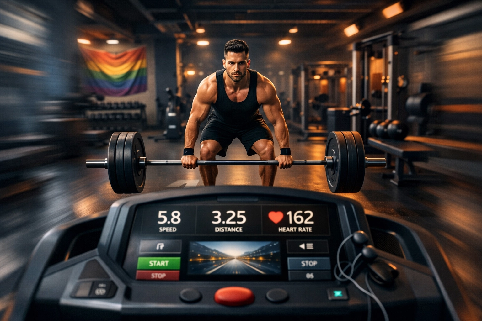 Treadmill view of attractive man deadlifting in LGBTQ+ friendly gym space