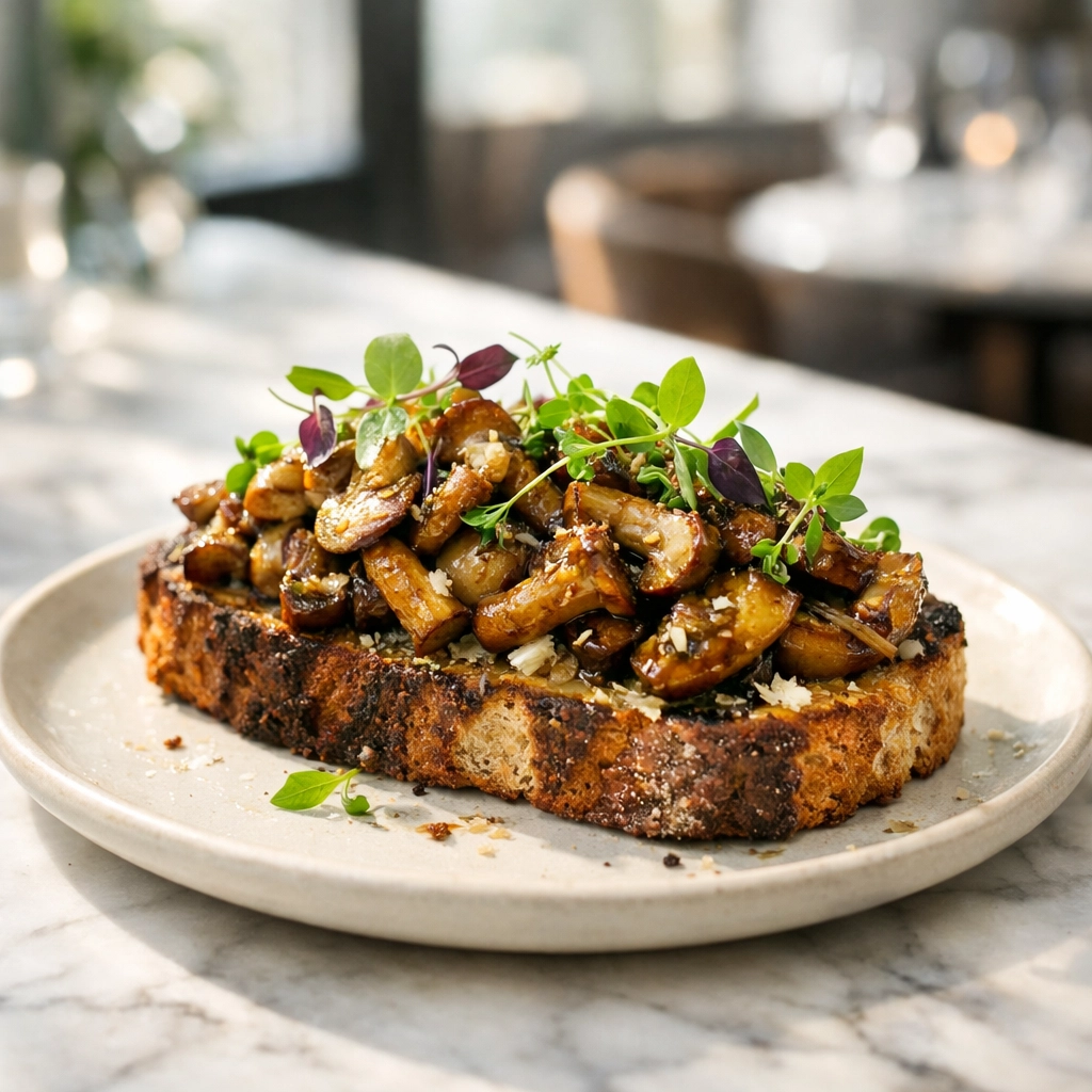 A high-margin mushroom tartine appetizer served in an upscale restaurant to boost weekend sales.