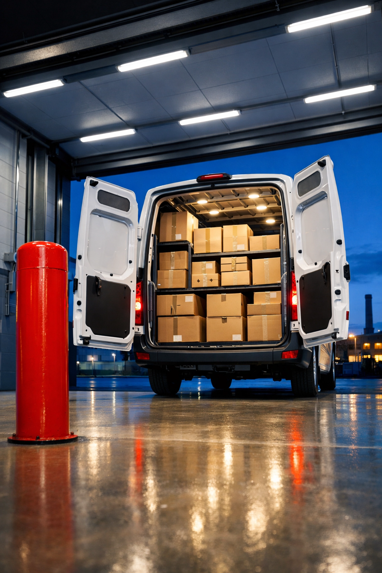 Delivery van in a modern loading bay ready for retail distribution and logistics in London and surrounding areas.