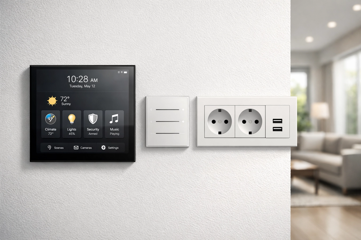 Sleek smart home interface and electrical controls installed in a modern Phoenix home addition.