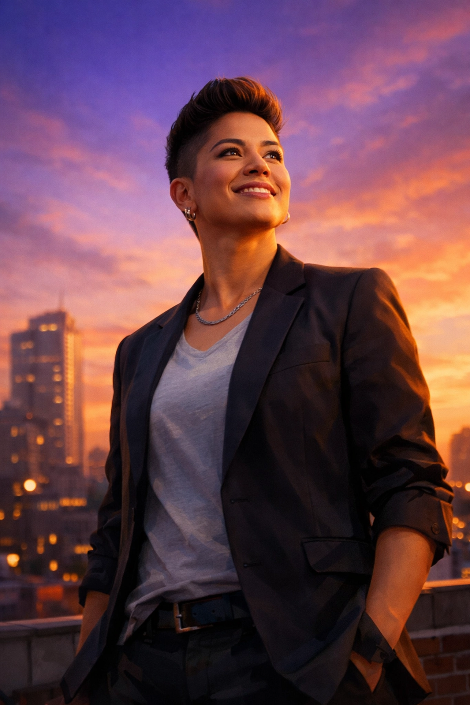 A confident queer leader on a rooftop at sunset, representing professional growth and visionary leadership.
