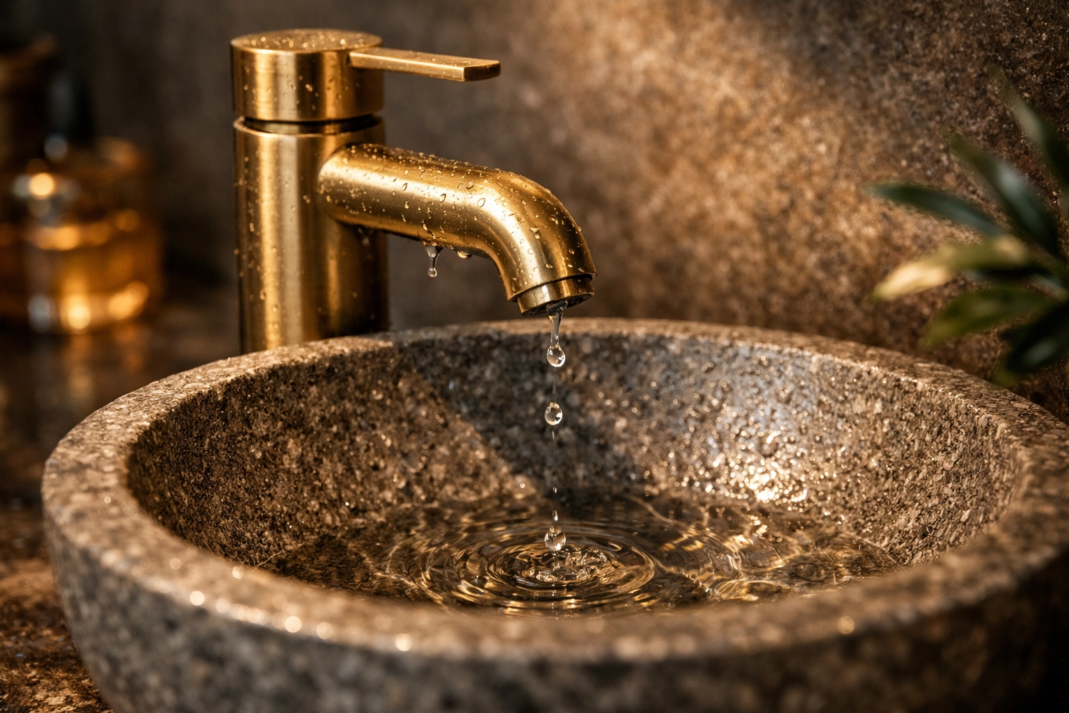Small bathroom detail render - stone basin and brushed brass tap in 8K photorealism