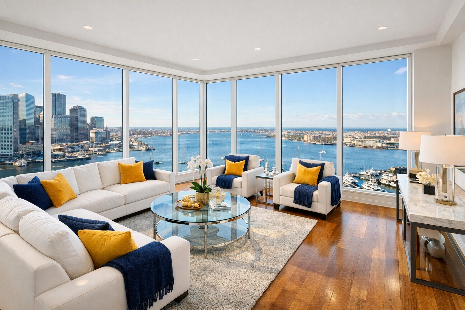 Sparkling luxury Seaport living room with harbor views after professional apartment cleaning Boston service.