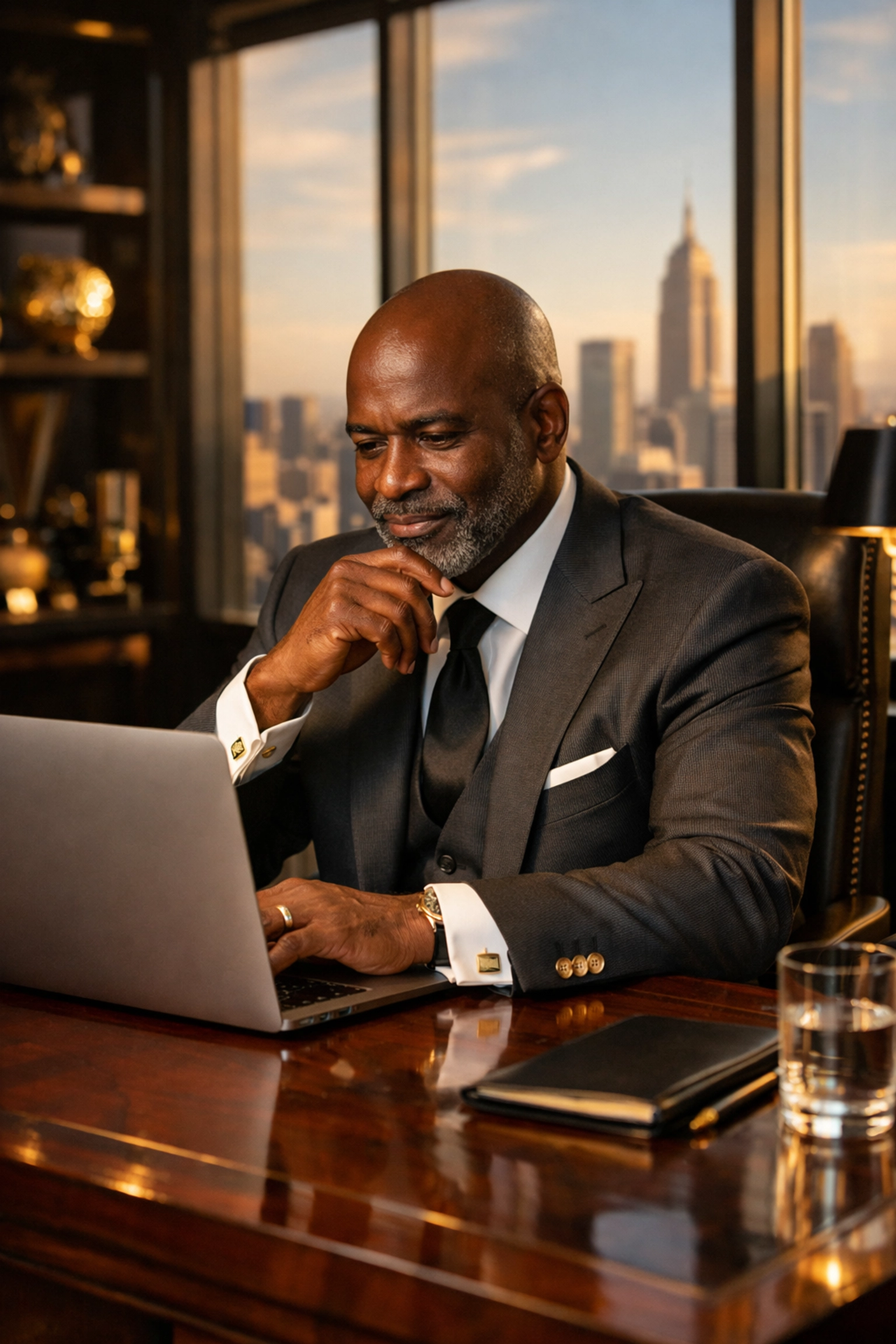 Successful Black male executive working in a luxury office to support Black excellence in tech.
