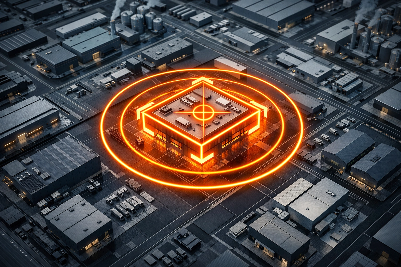 Targeted industrial account-based marketing showing precision lead generation on a manufacturing facility.