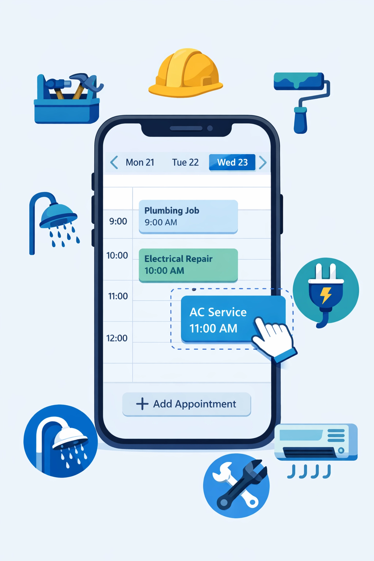 Mobile field service scheduling app with drag-and-drop calendar and appointments