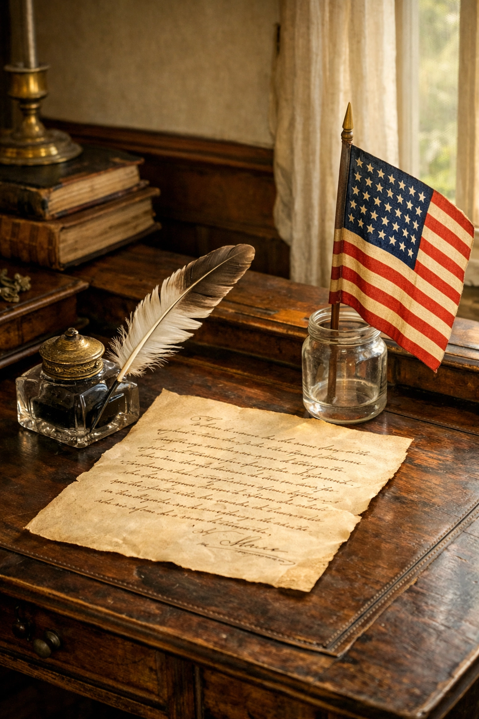 Antique writing desk with a handwritten copy of the original 1892 Pledge of Allegiance and a quill.