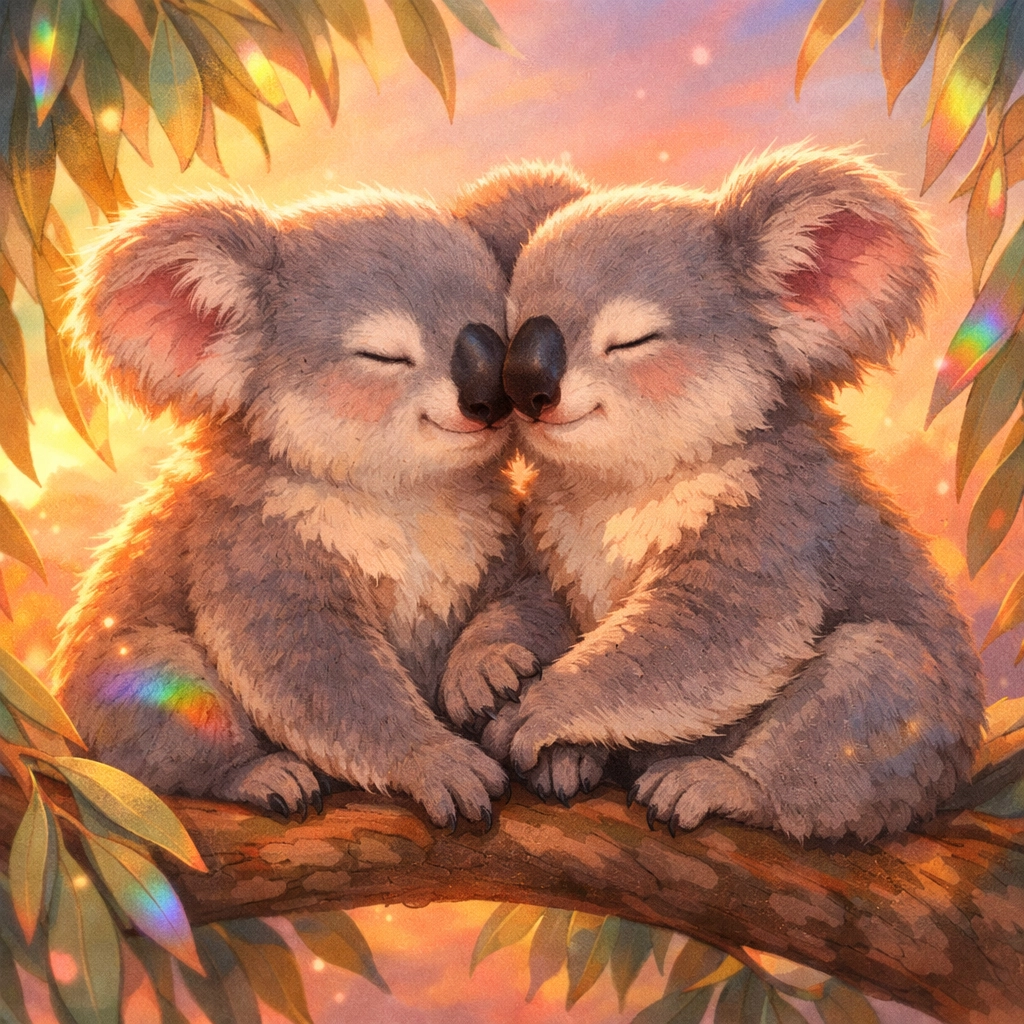 Female koalas nuzzling on a eucalyptus branch, illustrating natural same-sex bonding and queer animal behavior.