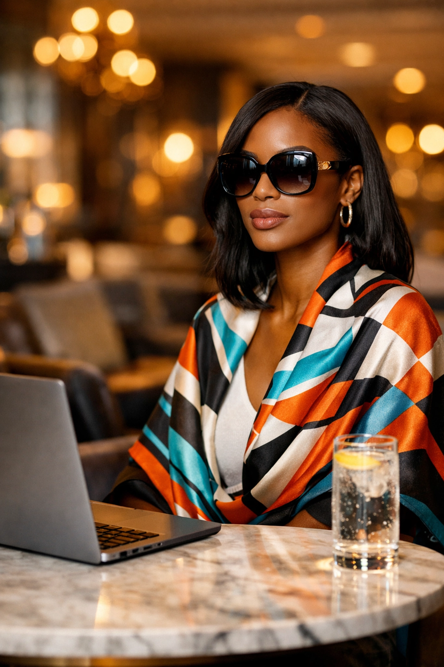 Why Sonny’s Black People of Interest Will Change the Way You Buyblack Black woman in designer sunglasses and a silk scarf embodying the modern Buyblack lifestyle.