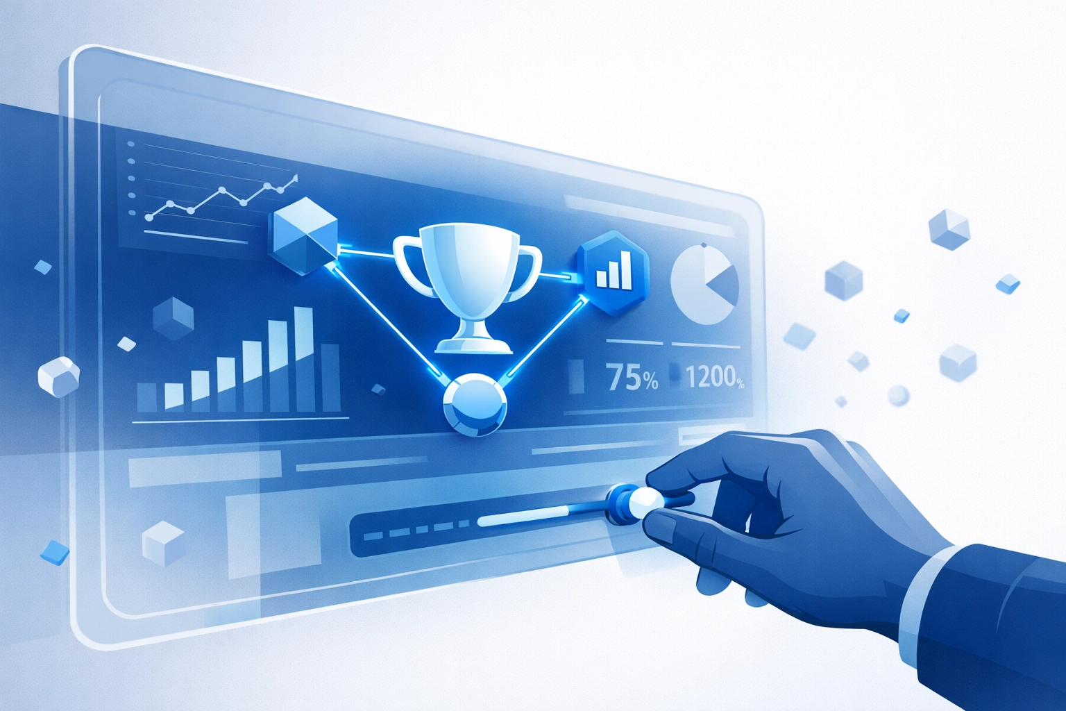 Illustration of a digital marketing dashboard showing conversion tracking and GA4 data optimization