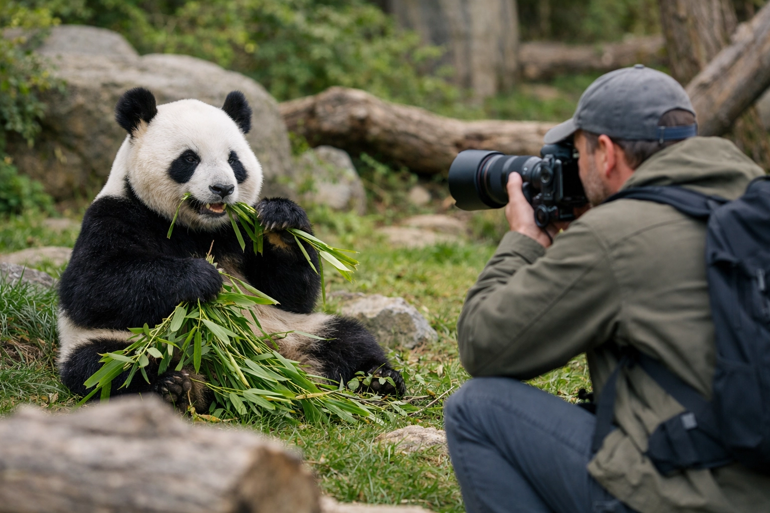 A professional photographer capturing high-quality zoo animal photos of a Giant Panda eating bamboo.