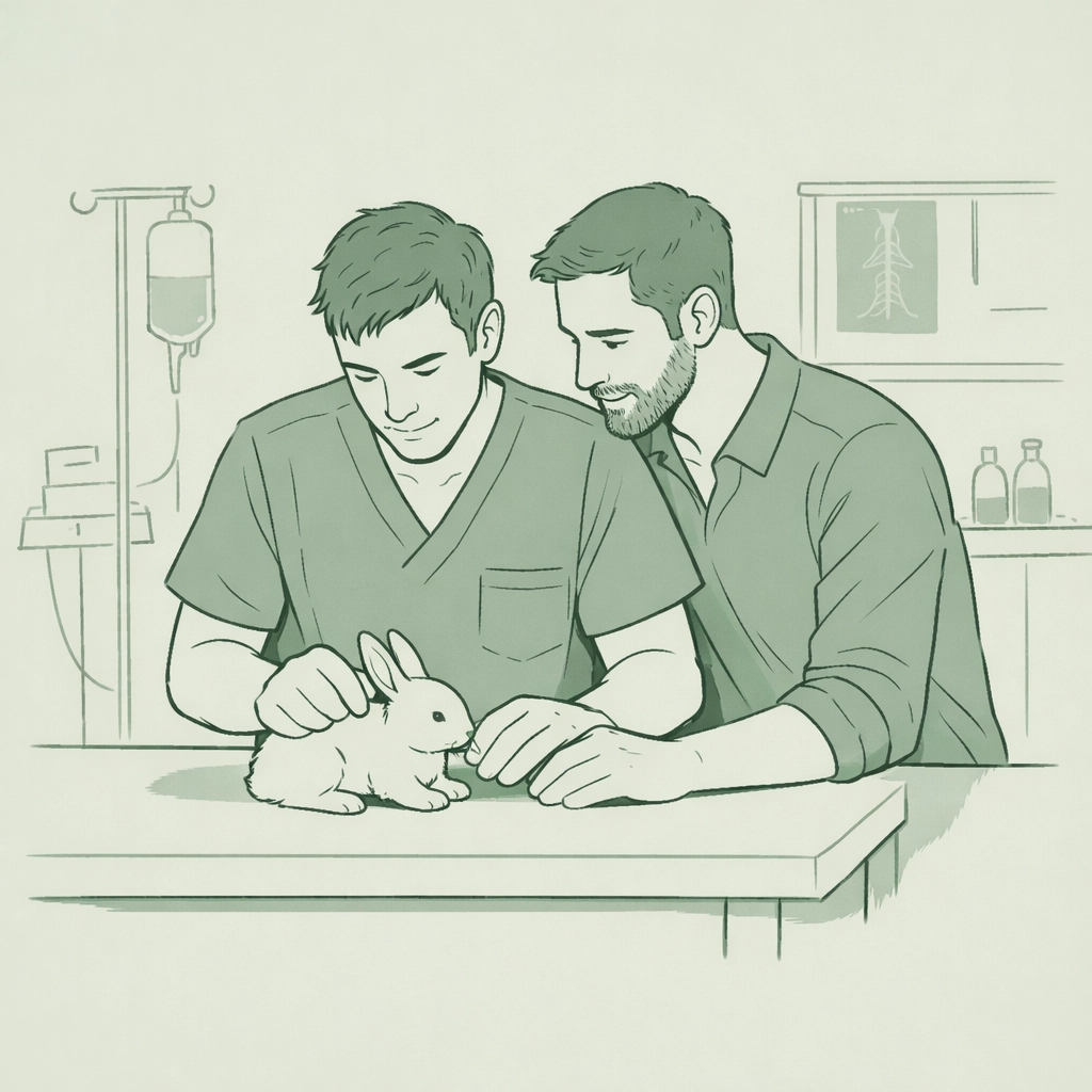 LGBTQ+ veterinarians providing compassionate care to rescue rabbit at clinic