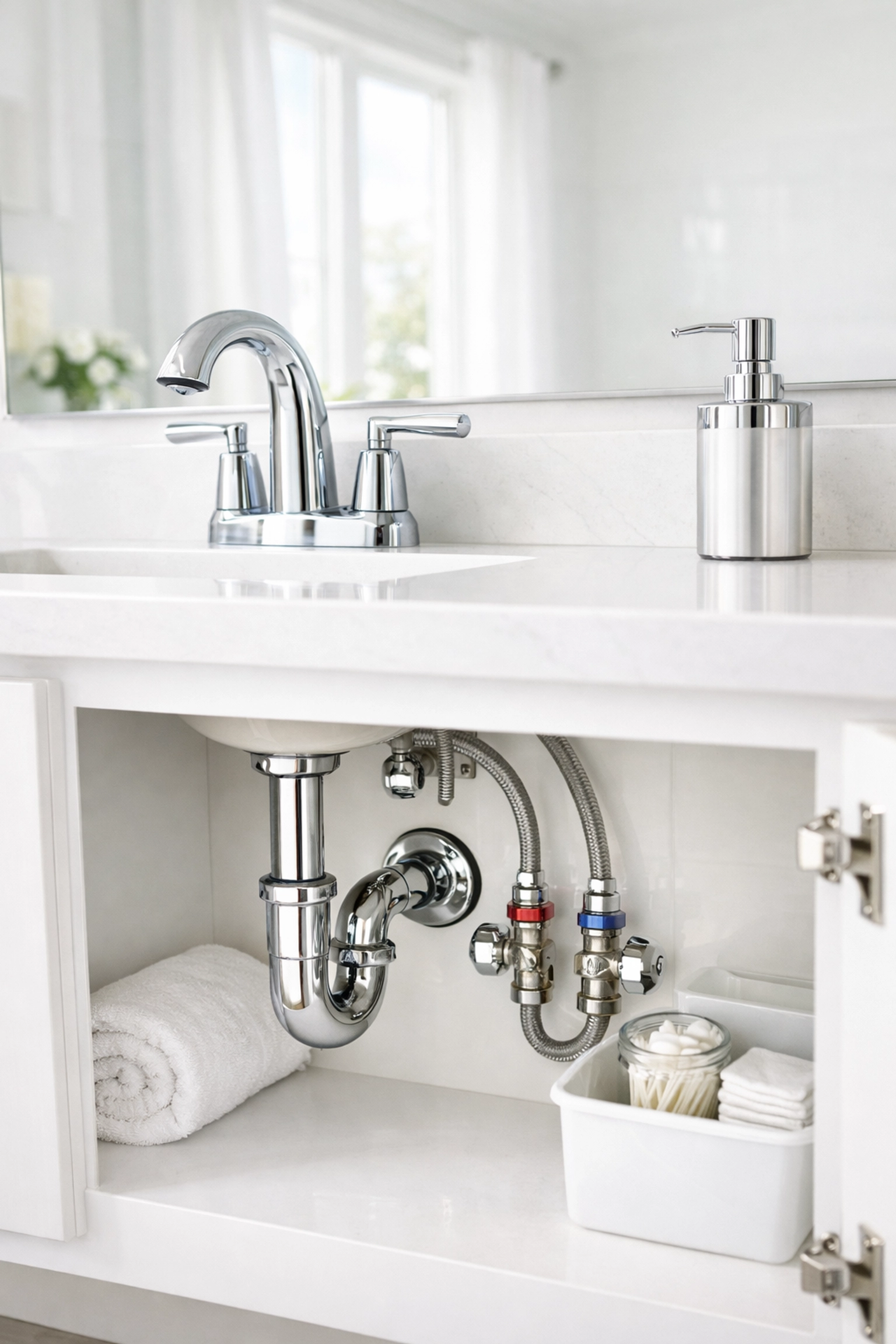 Clean bathroom vanity showing plumbing inspection for apartment turnover services