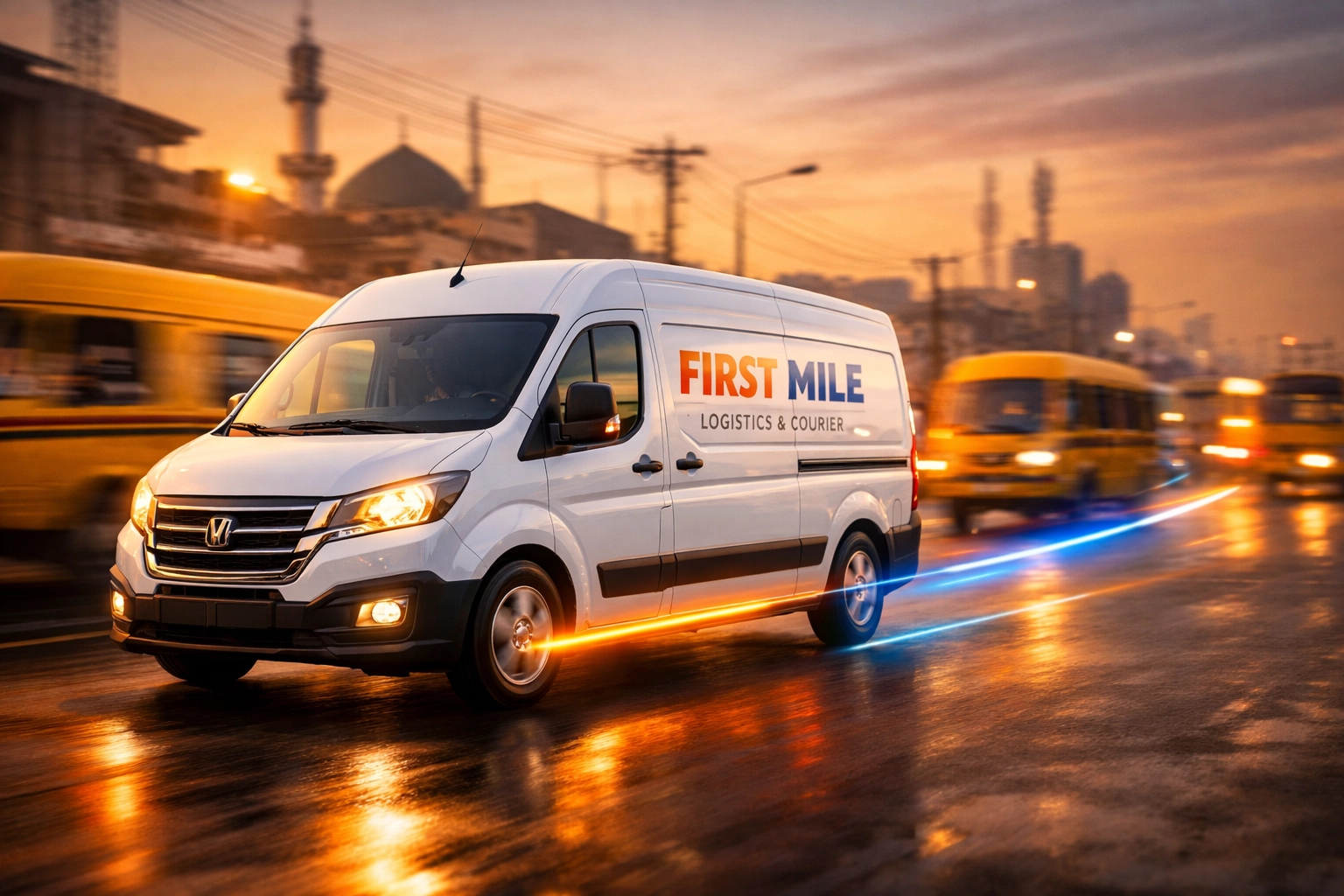 PSI Global Logistics vehicle navigating busy Lagos streets at dawn for urgent air freight delivery.