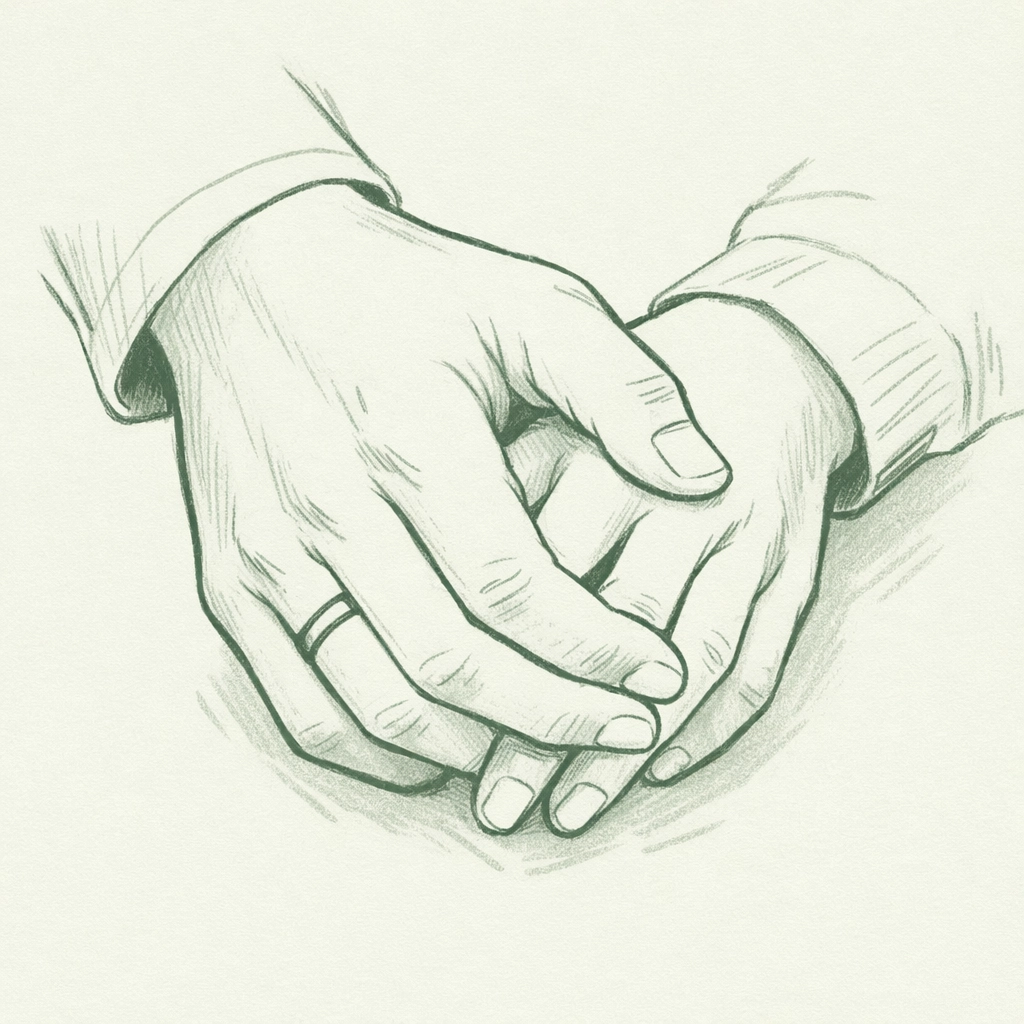 Intertwined hands of MM romance partners showing intimate size contrast and connection