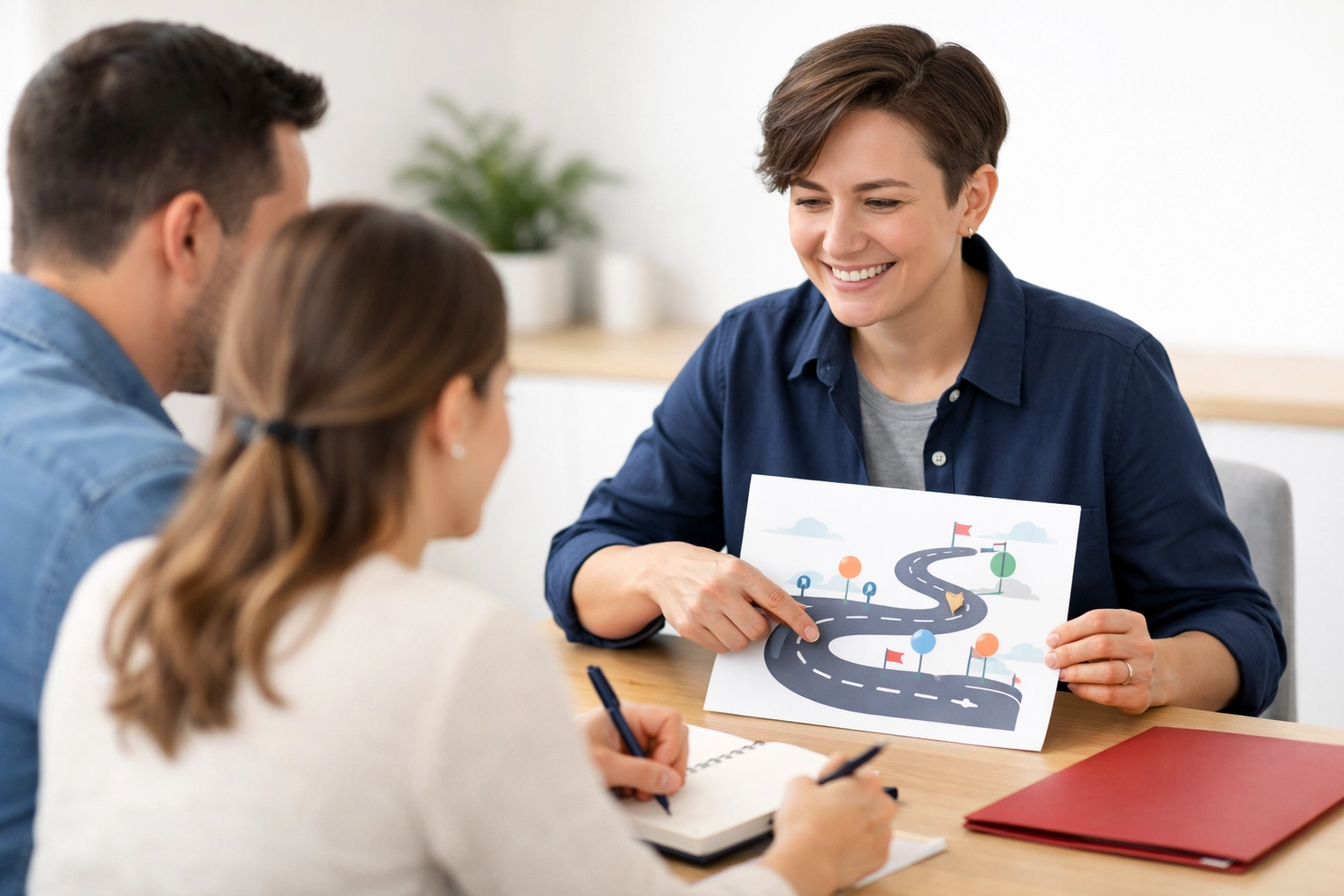 A professional credit coach showing a Texas couple a roadmap for credit repair and building credit history.