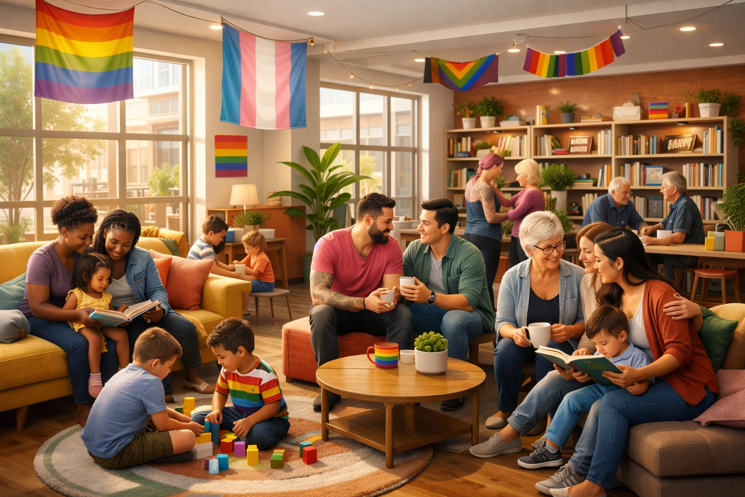 LGBTQ+ families and friends building community together in welcoming inclusive church space
