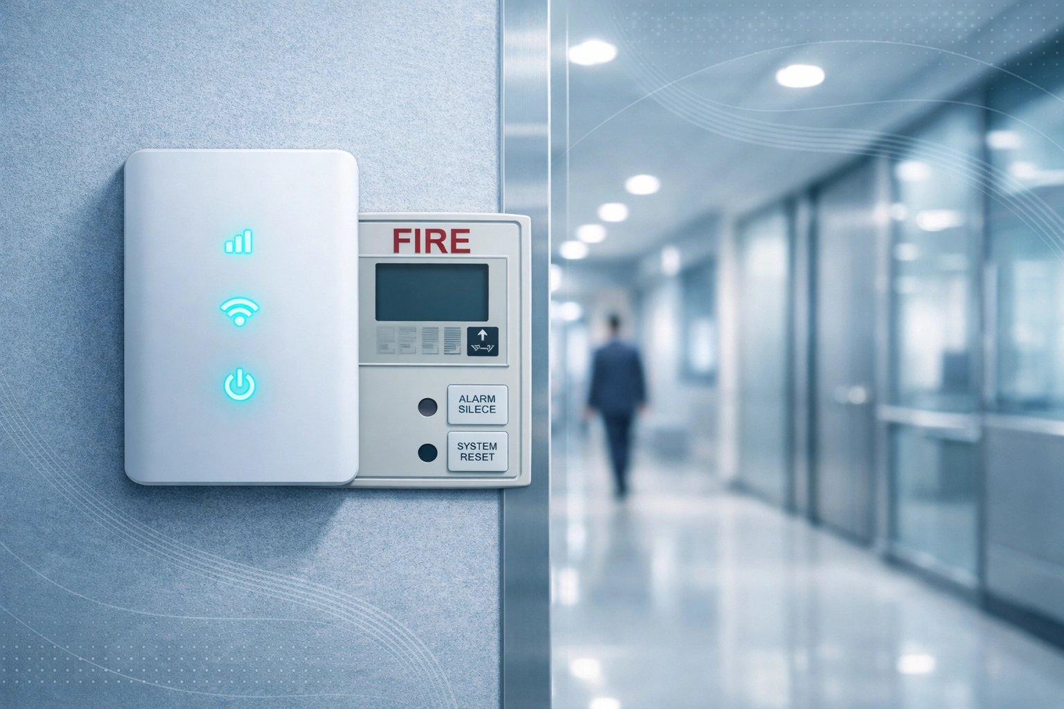 A modern cellular fire alarm communicator installed in a commercial facility for NFPA 72 compliance.