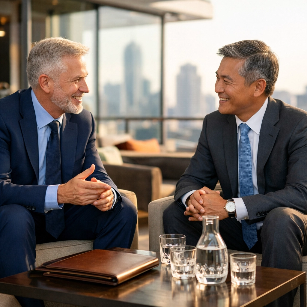 Corporate executives networking in a luxury rooftop lounge during a Super Bowl branding event.