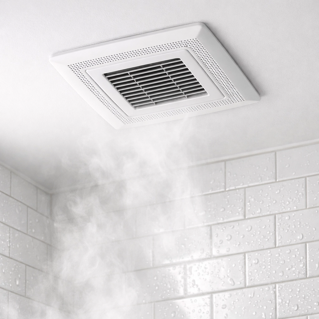 Bathroom exhaust fan on ceiling with moisture in Gainesville FL home preventing mold growth