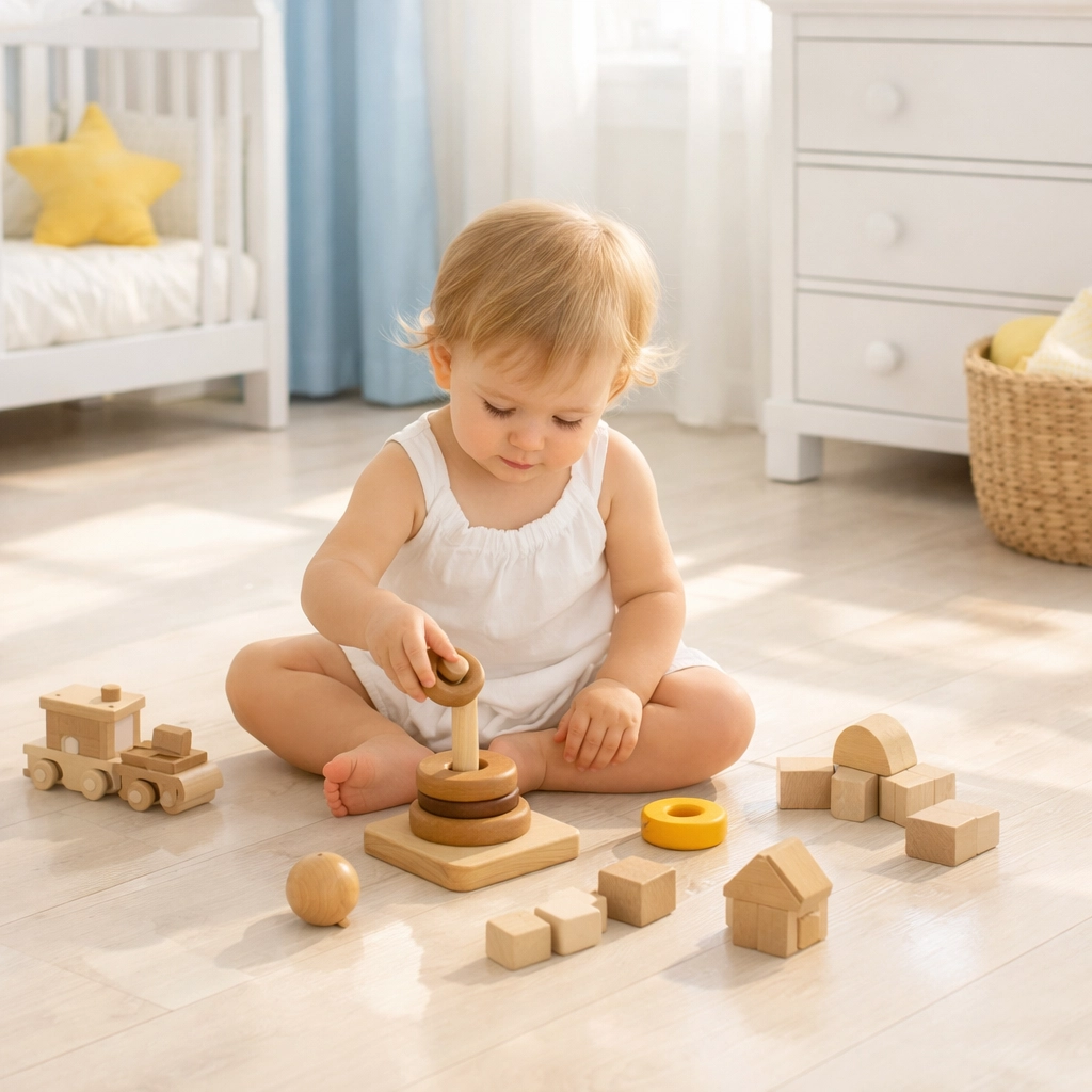 Toddler playing on clean floors provided by professional green cleaning services in Massachusetts.
