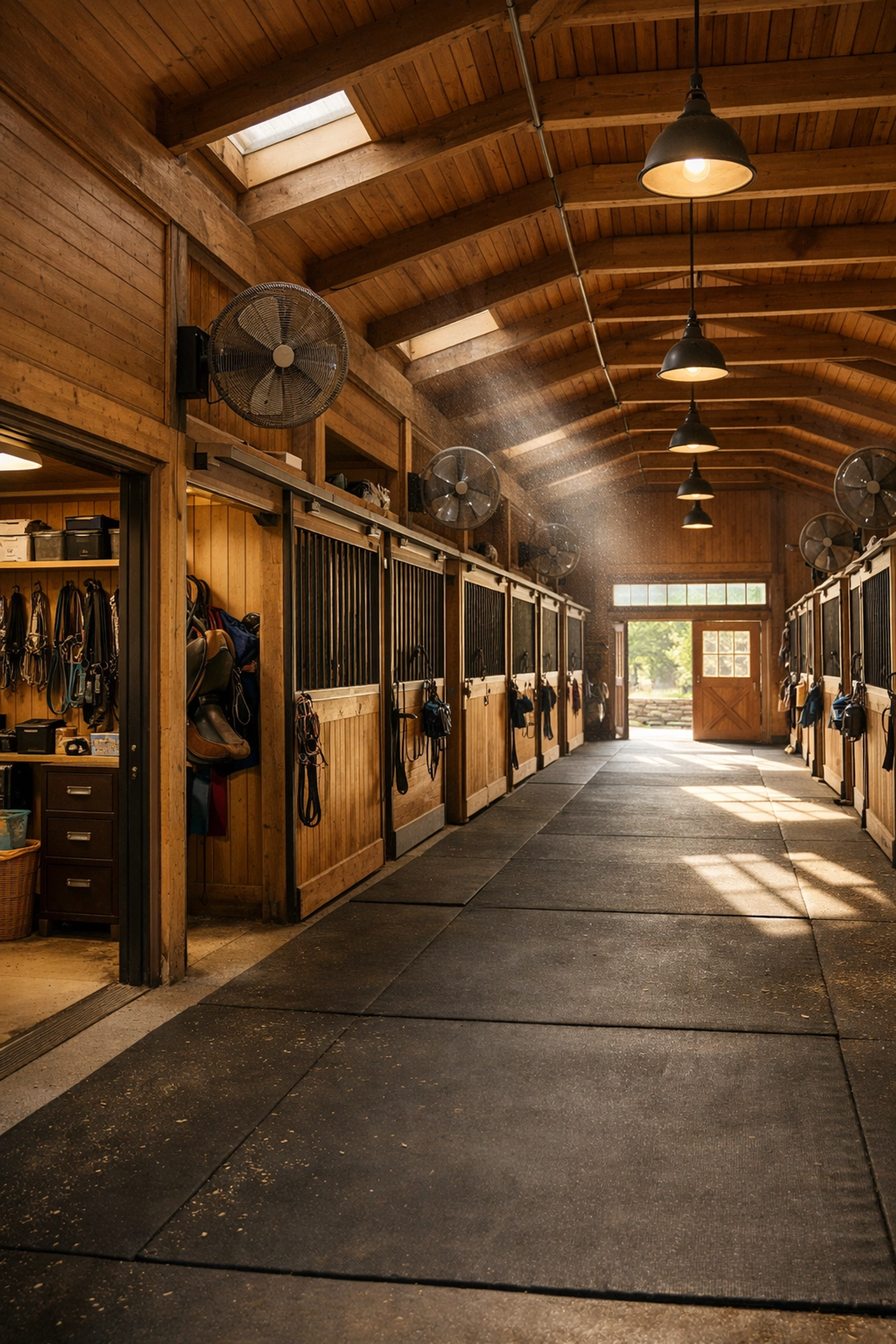 Well-designed center aisle barn interior with natural light and organized tack room at horse farm