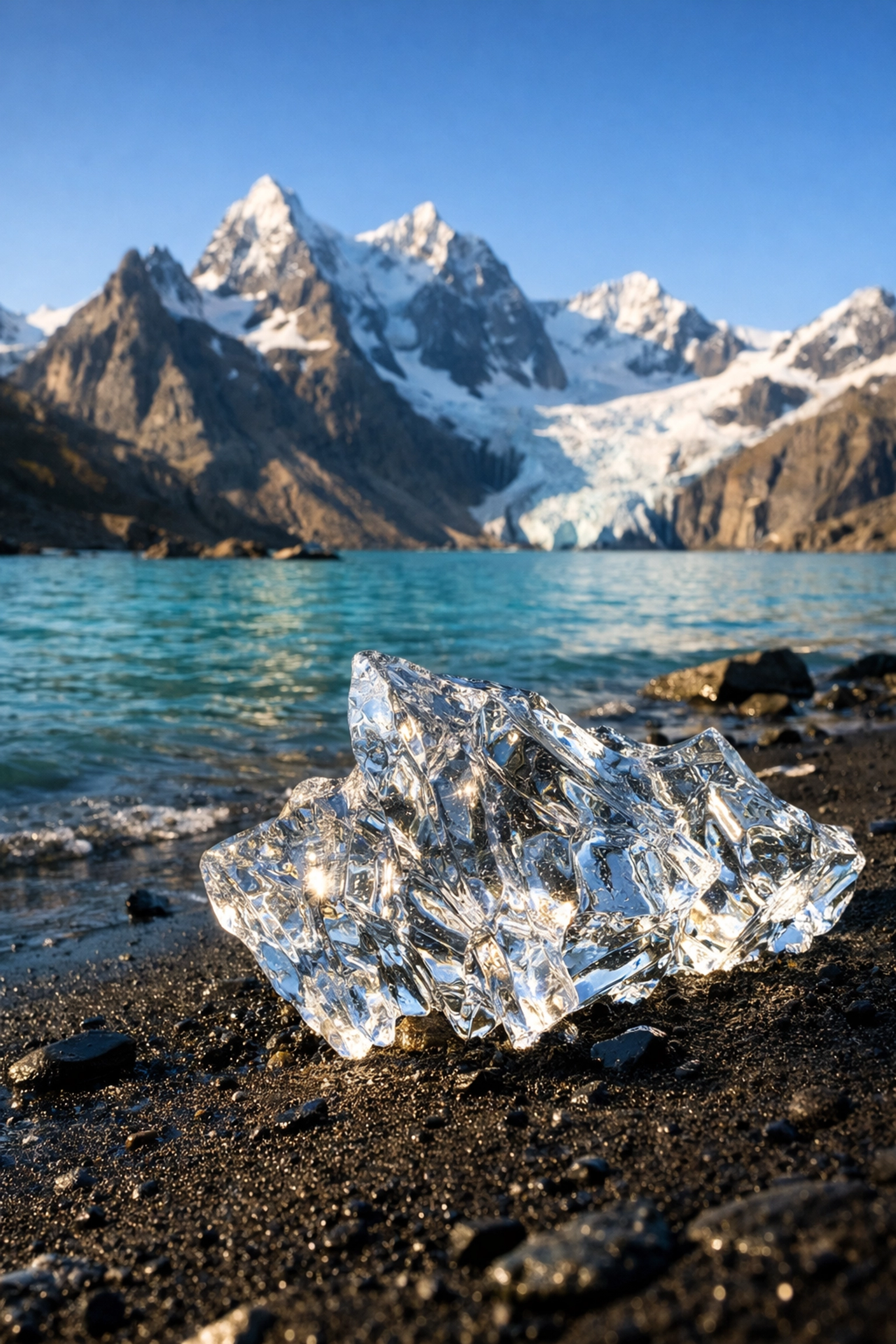 Glacial ice in the foreground of a mountain lake illustrating depth in landscape photography composition.