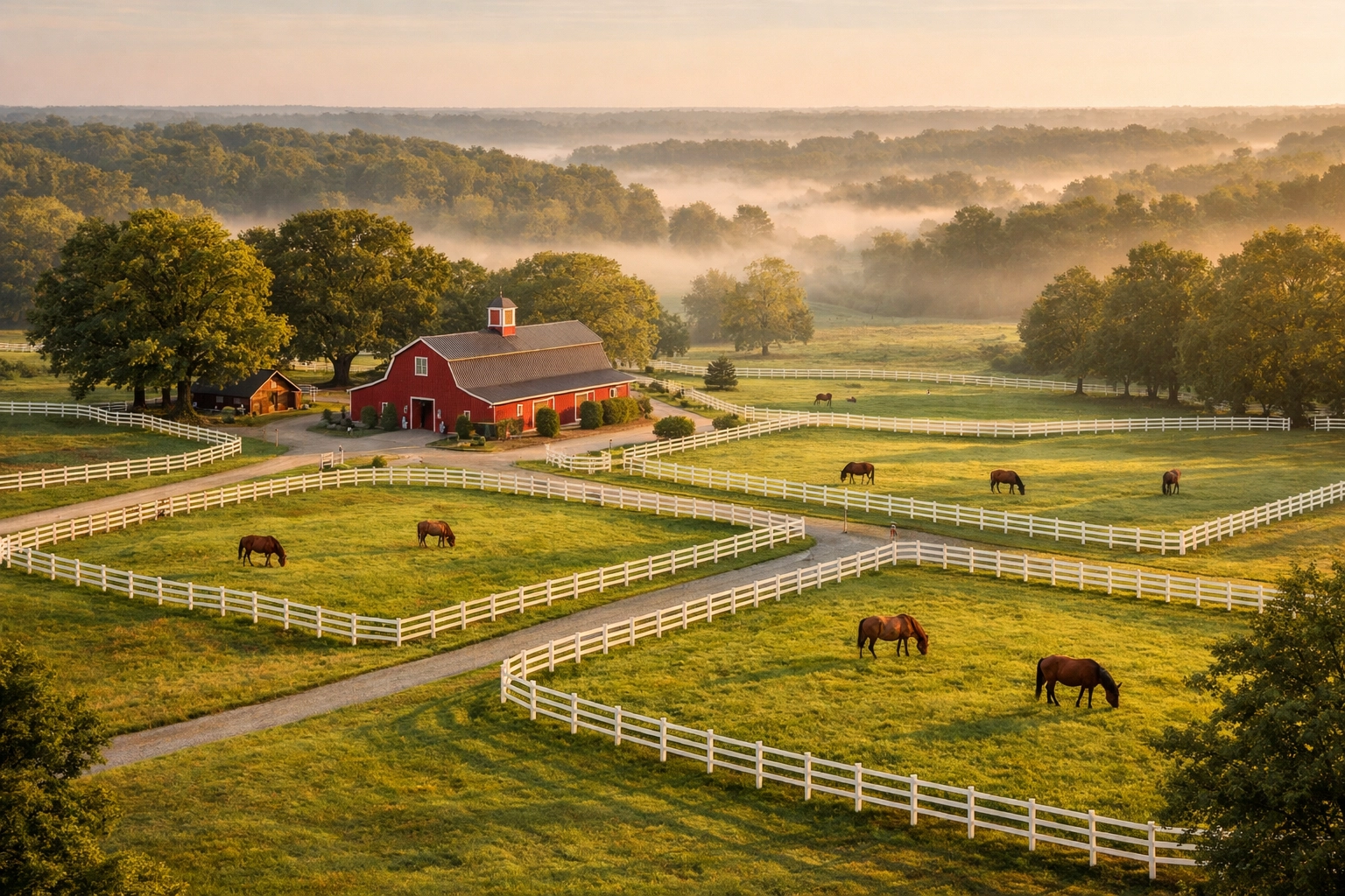Aerial view of horse farm for sale in Waxhaw NC with pastures, barn, and white fencing